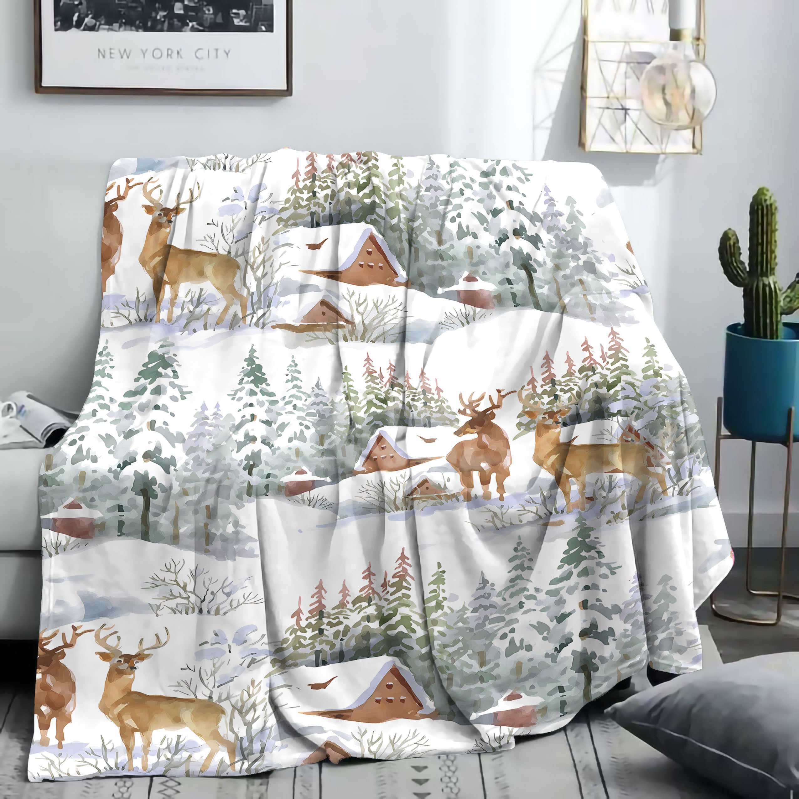 Deer and Snow House Flannel Throw Blanket Soft Cozy Lightweight for Bed Sofa Office
