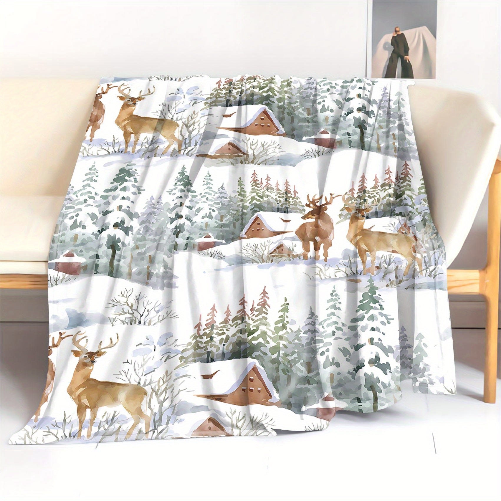 Deer and Snow House Flannel Throw Blanket Soft Cozy Lightweight for Bed Sofa Office
