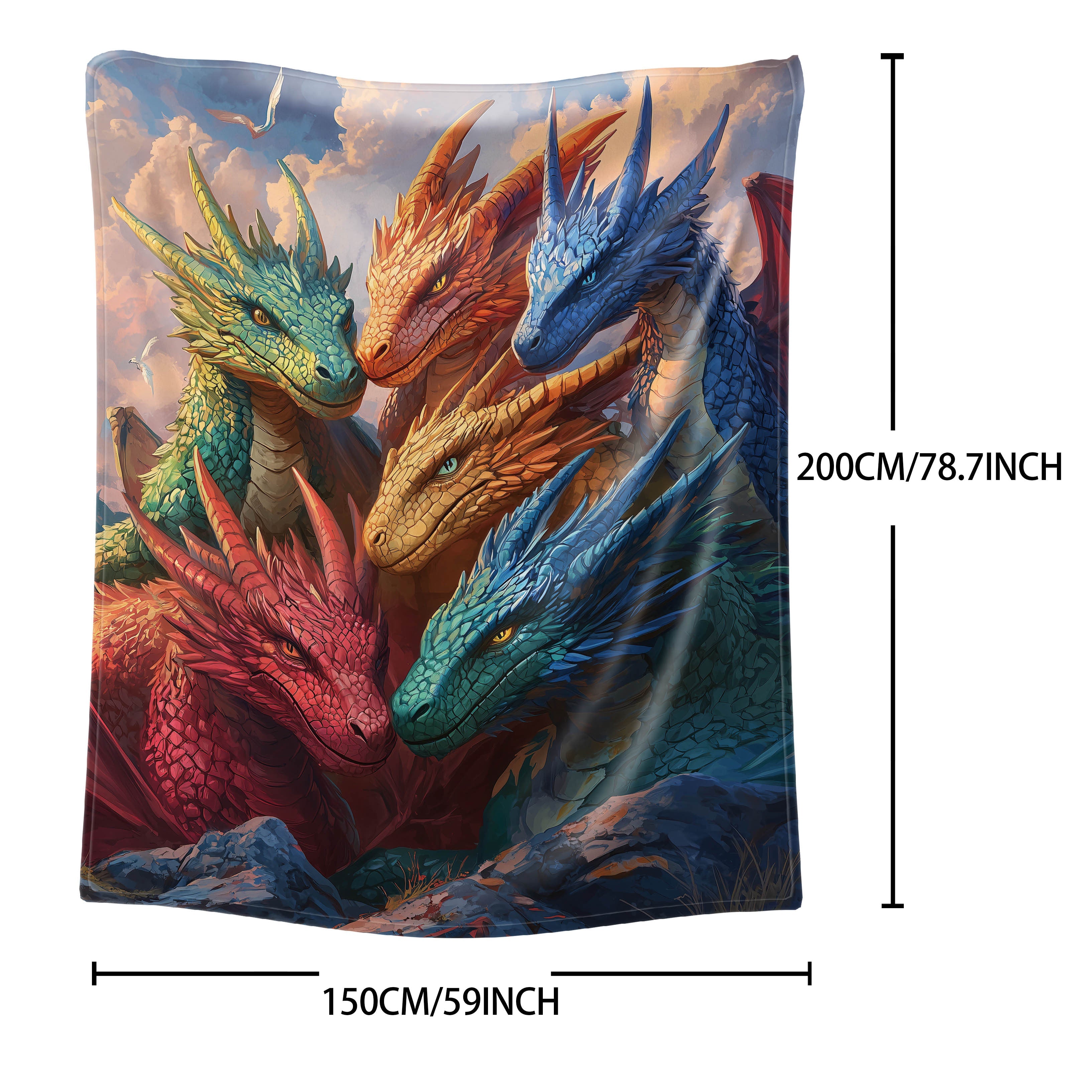 All-Season Fantasy Dragons Flannel Fleece Throw Blanket with Digital Print