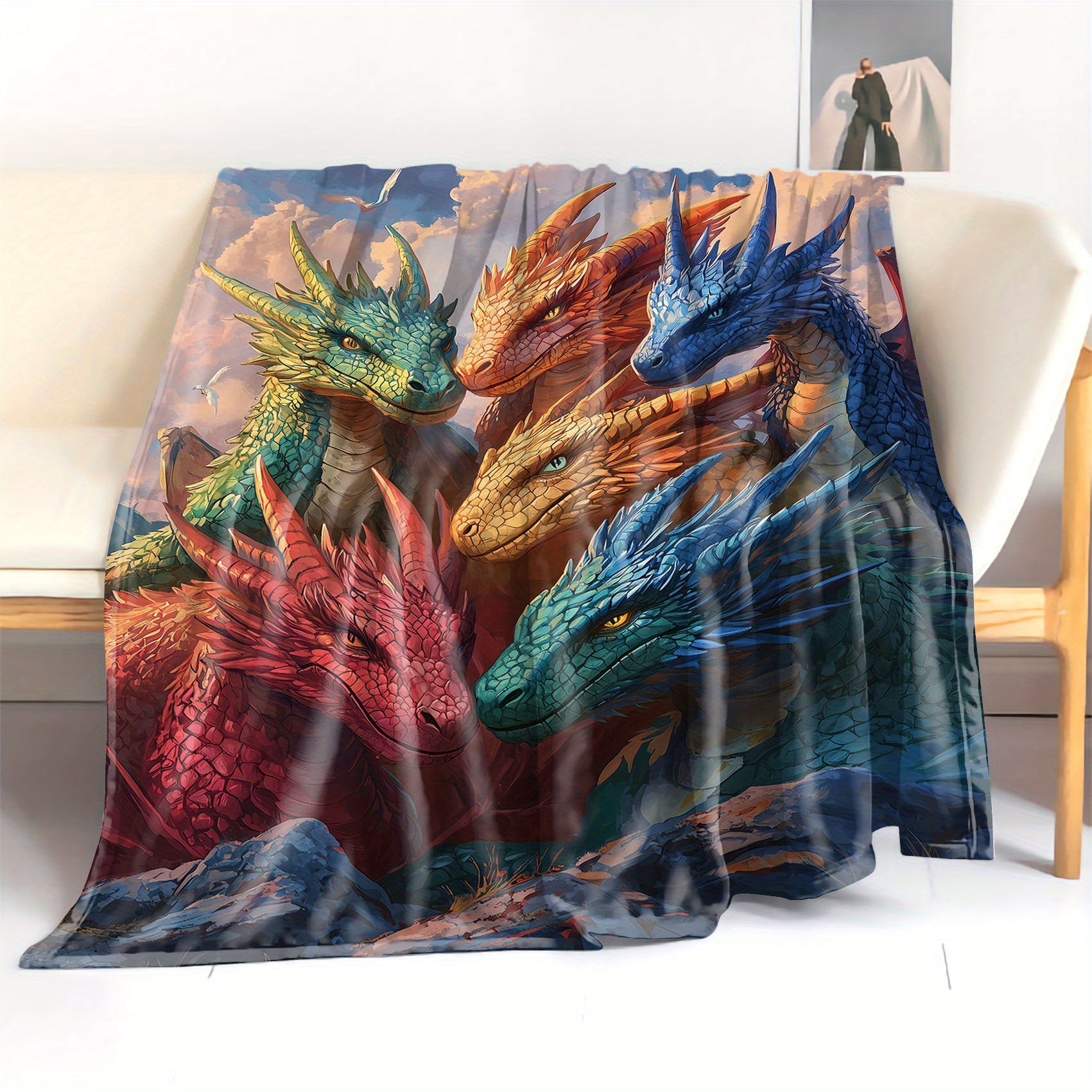All-Season Fantasy Dragons Flannel Fleece Throw Blanket with Digital Print