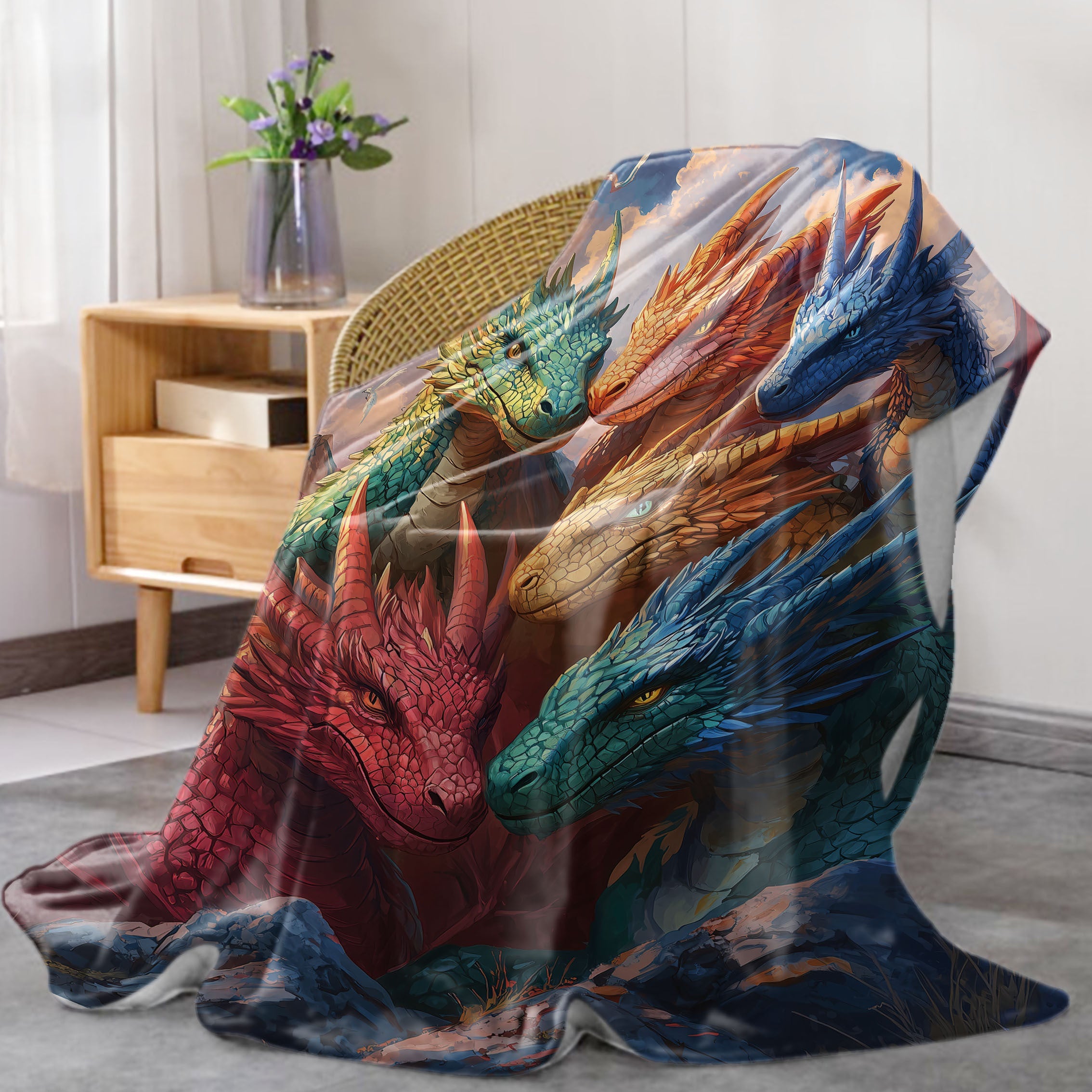 All-Season Fantasy Dragons Flannel Fleece Throw Blanket with Digital Print