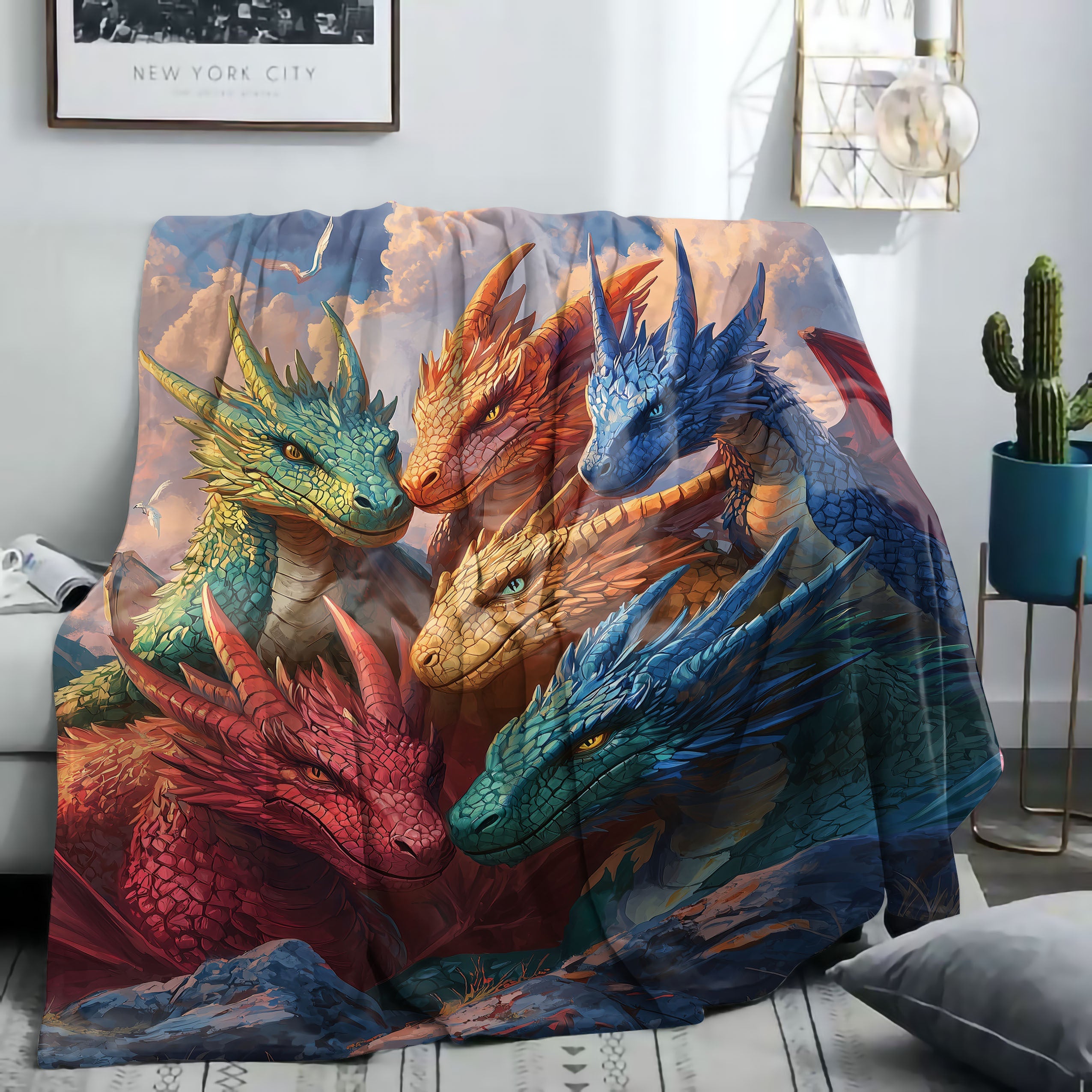 All-Season Fantasy Dragons Flannel Fleece Throw Blanket with Digital Print