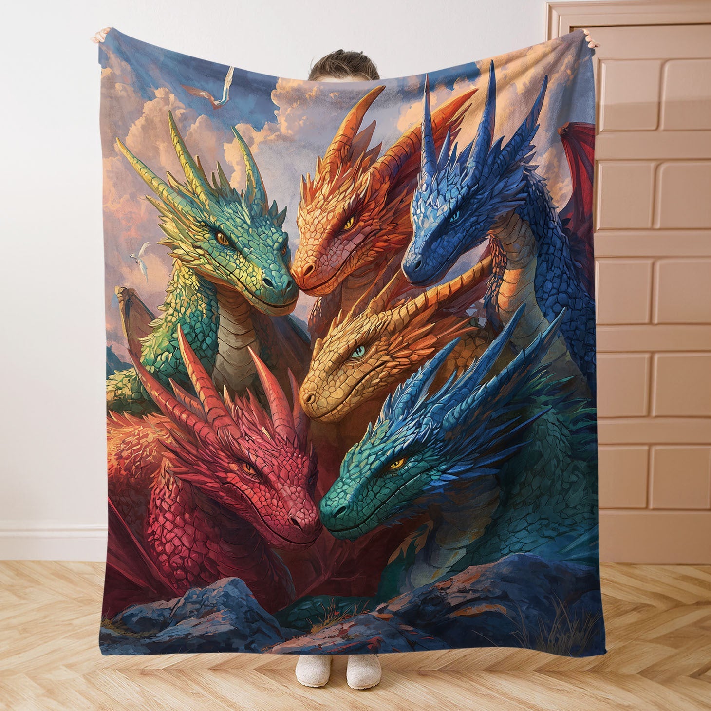 All-Season Fantasy Dragons Flannel Fleece Throw Blanket with Digital Print