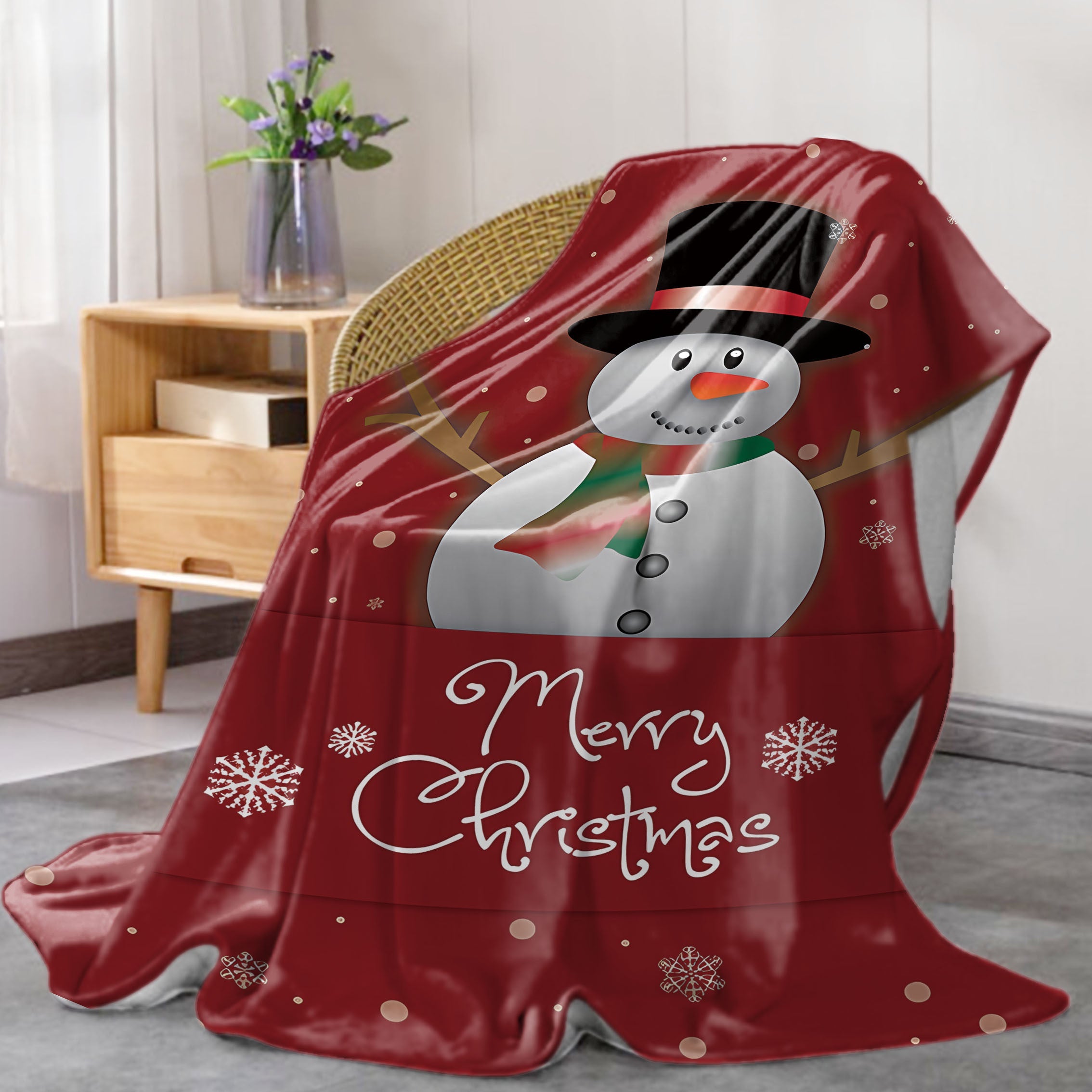 Flannel Throw Blanket with Christmas Snowman Print for Bed Sofa or Office Red Mid-Century Style