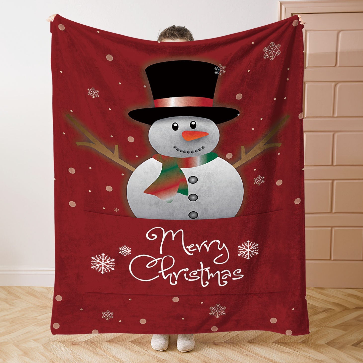 Flannel Throw Blanket with Christmas Snowman Print for Bed Sofa or Office Red Mid-Century Style