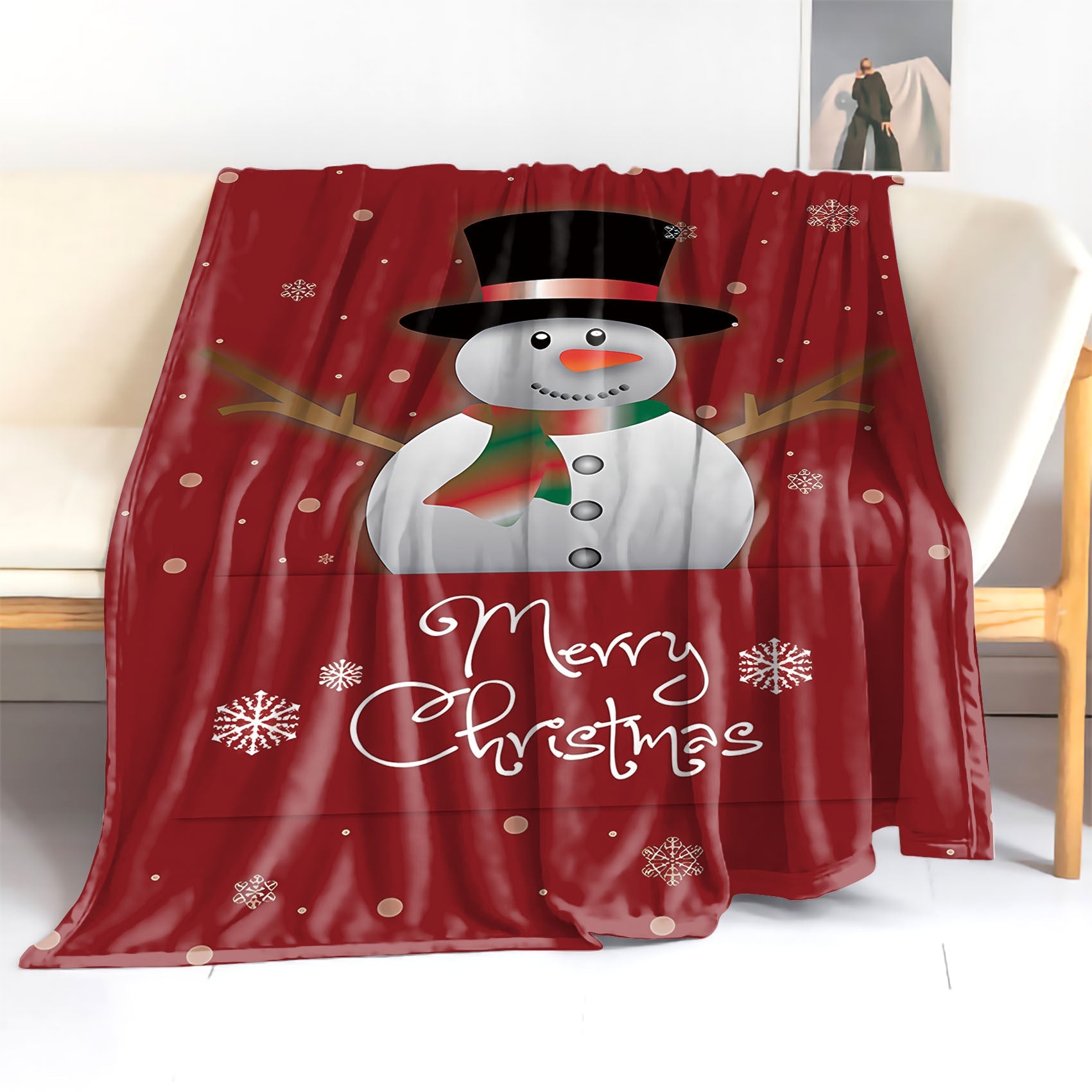 Flannel Throw Blanket with Christmas Snowman Print for Bed Sofa or Office Red Mid-Century Style