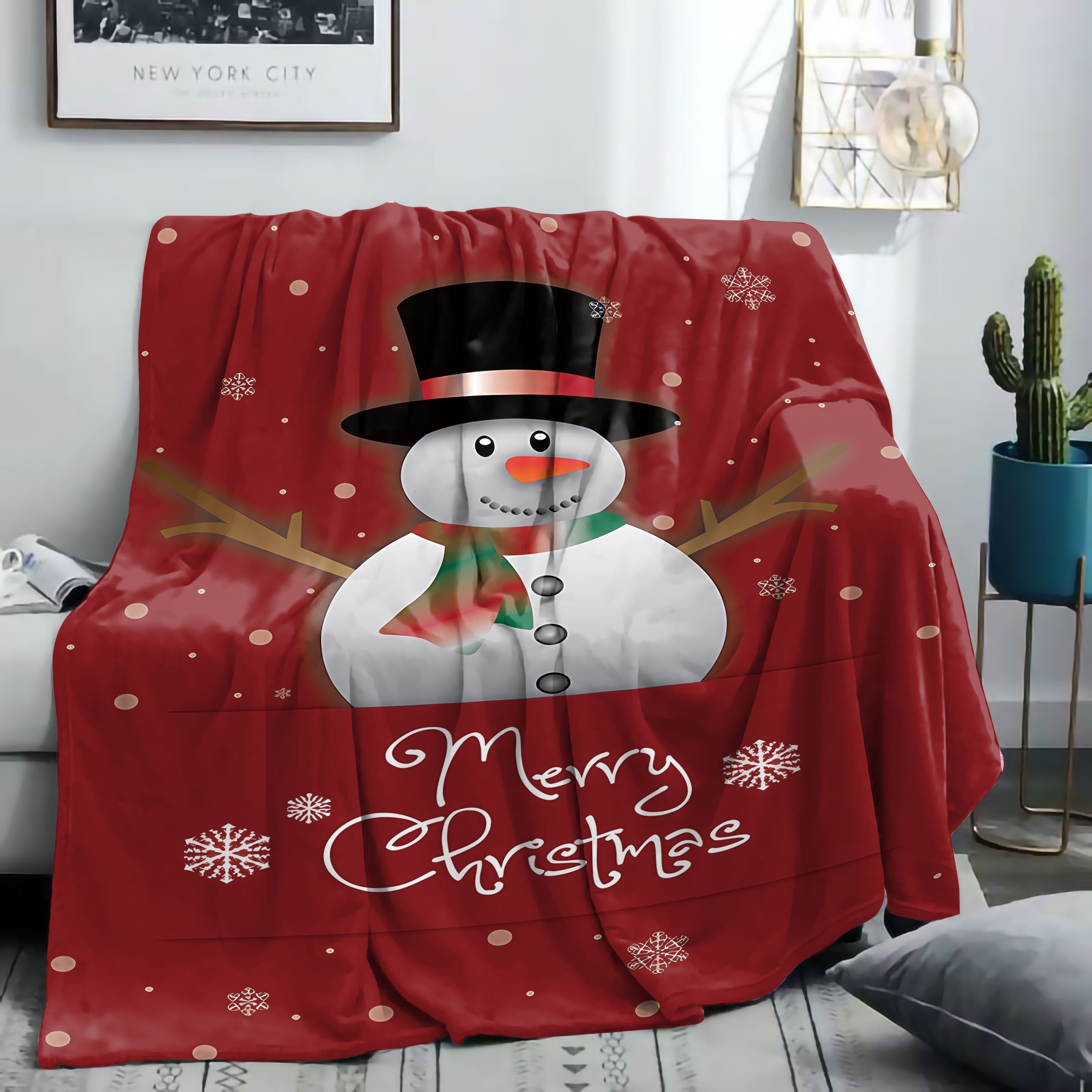 Flannel Throw Blanket with Christmas Snowman Print for Bed Sofa or Office Red Mid-Century Style