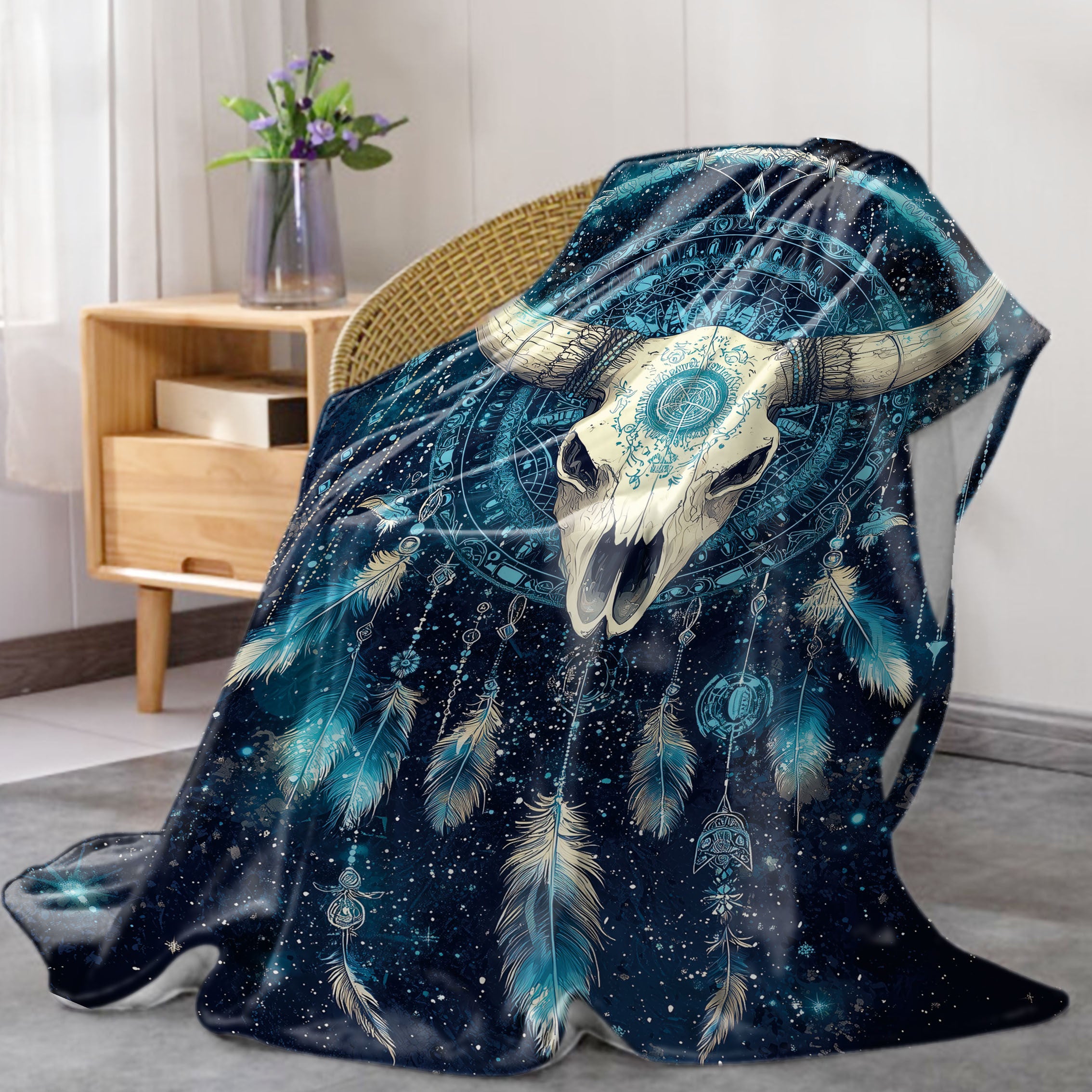 Starry Sky Bull Skull Dreamcatcher Throw Blanket Flannel All-Season Polyester