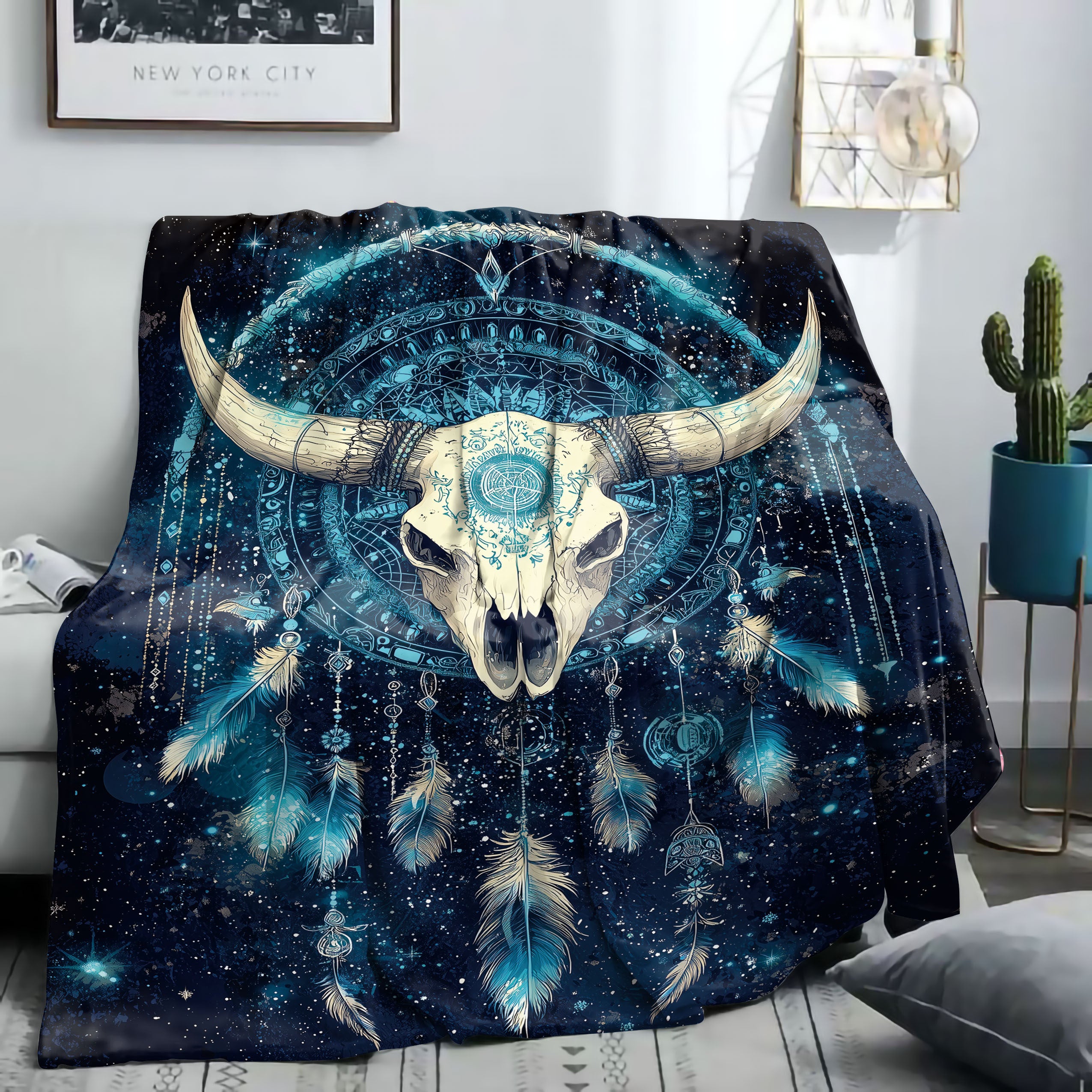 Starry Sky Bull Skull Dreamcatcher Throw Blanket Flannel All-Season Polyester