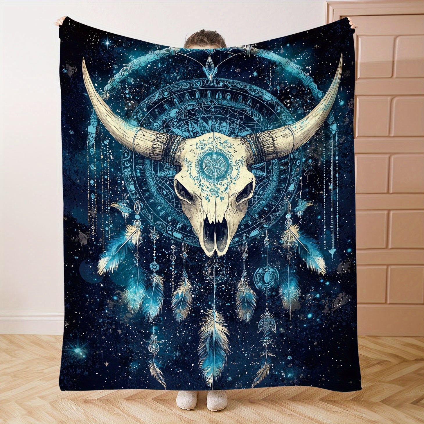 Starry Sky Bull Skull Dreamcatcher Throw Blanket Flannel All-Season Polyester