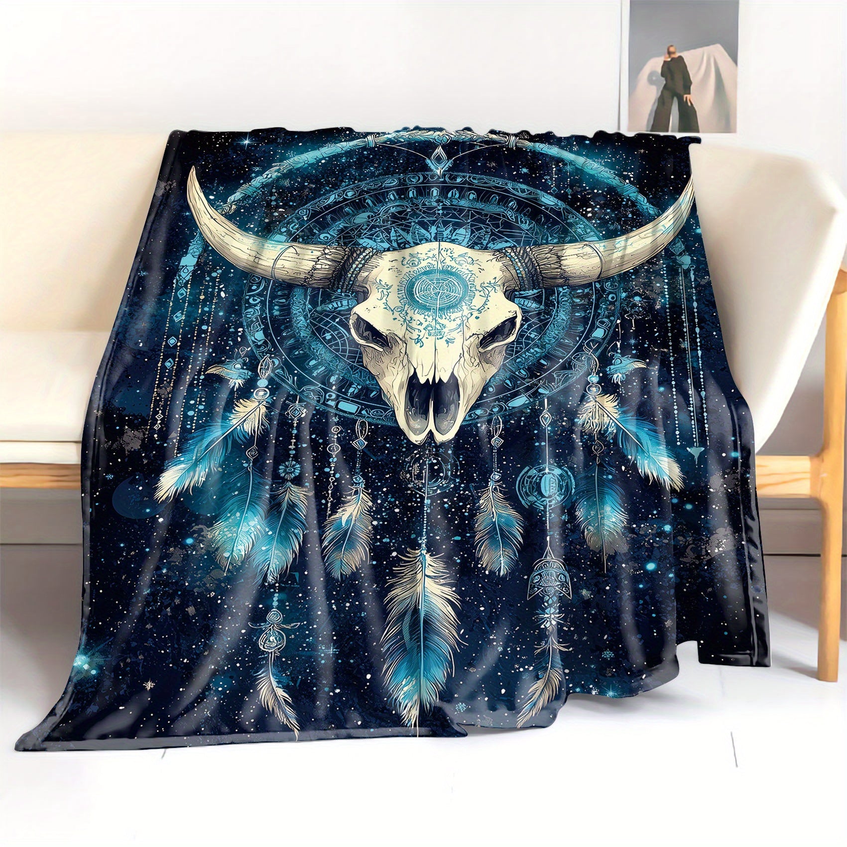 Starry Sky Bull Skull Dreamcatcher Throw Blanket Flannel All-Season Polyester