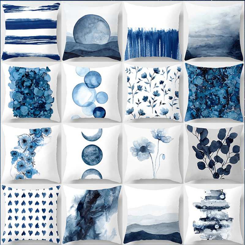 Blue Geometric Pattern Throw Pillow Cover Polyester Zip Closure Home Sofa Decor