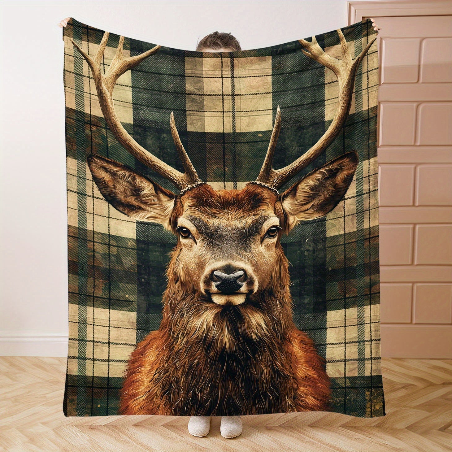 Christmas Deer Flannel Blanket Soft Knitted Throw for Bed Sofa Camping Mid-Century Style
