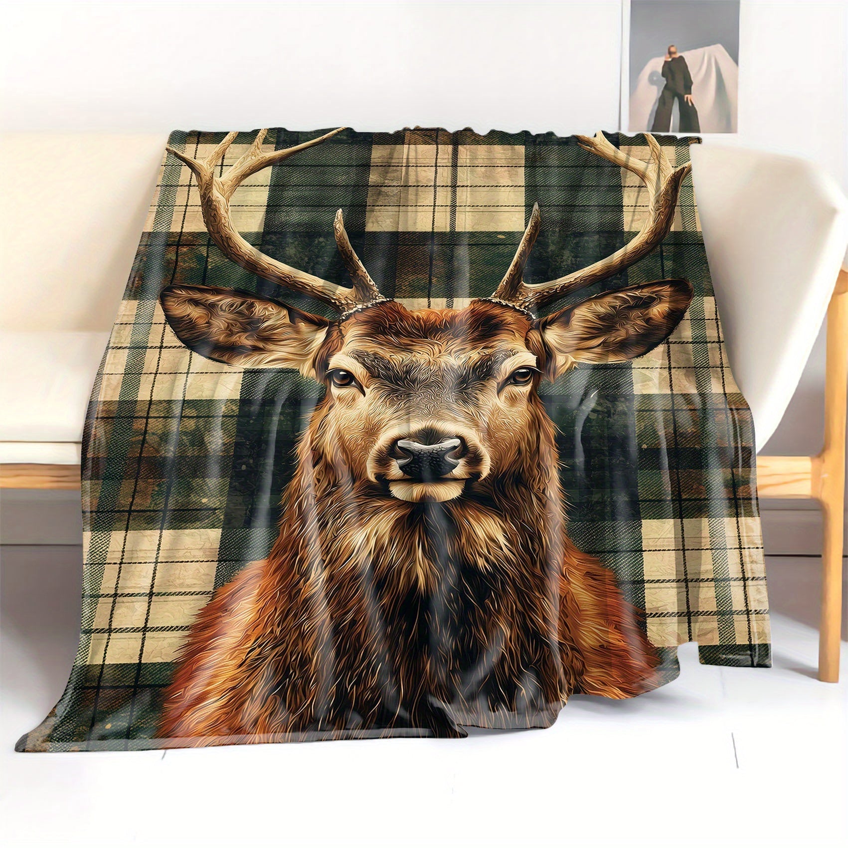 Christmas Deer Flannel Blanket Soft Knitted Throw for Bed Sofa Camping Mid-Century Style