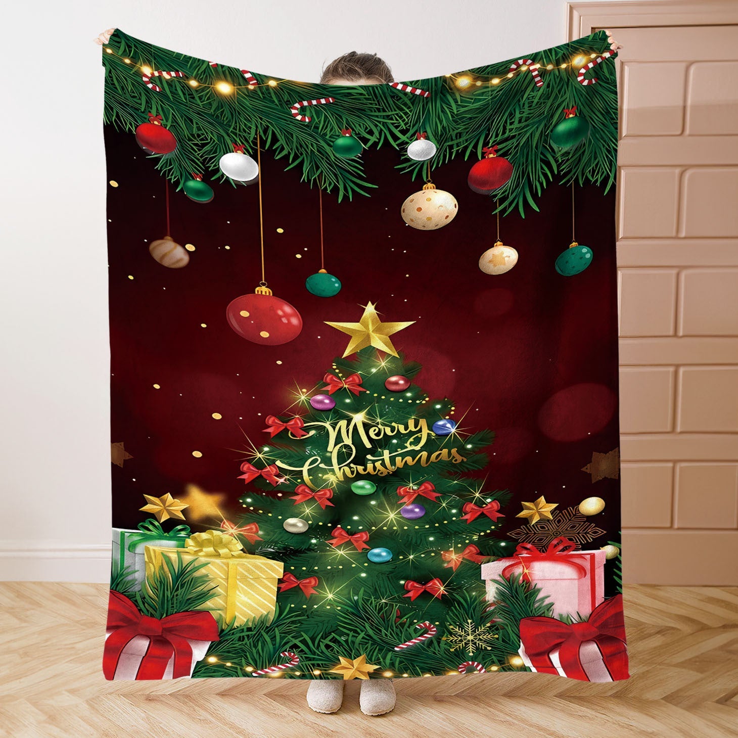 Mid-Century Christmas Tree and Gifts Flannel Throw Blanket Soft Polyester for Bed Sofa Camping