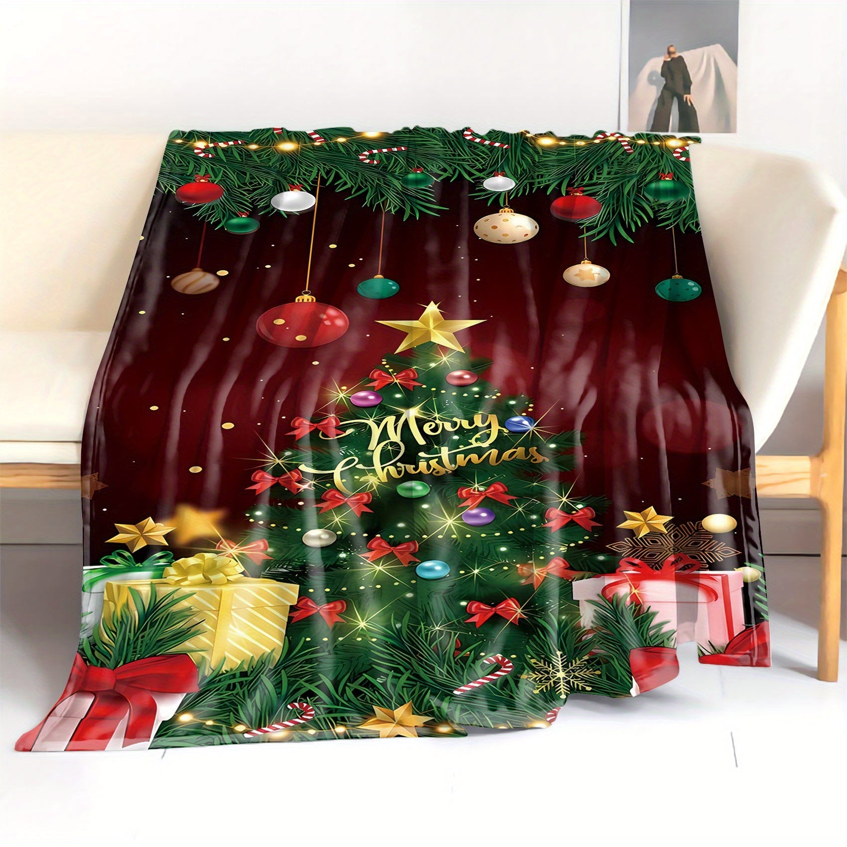 Mid-Century Christmas Tree and Gifts Flannel Throw Blanket Soft Polyester for Bed Sofa Camping
