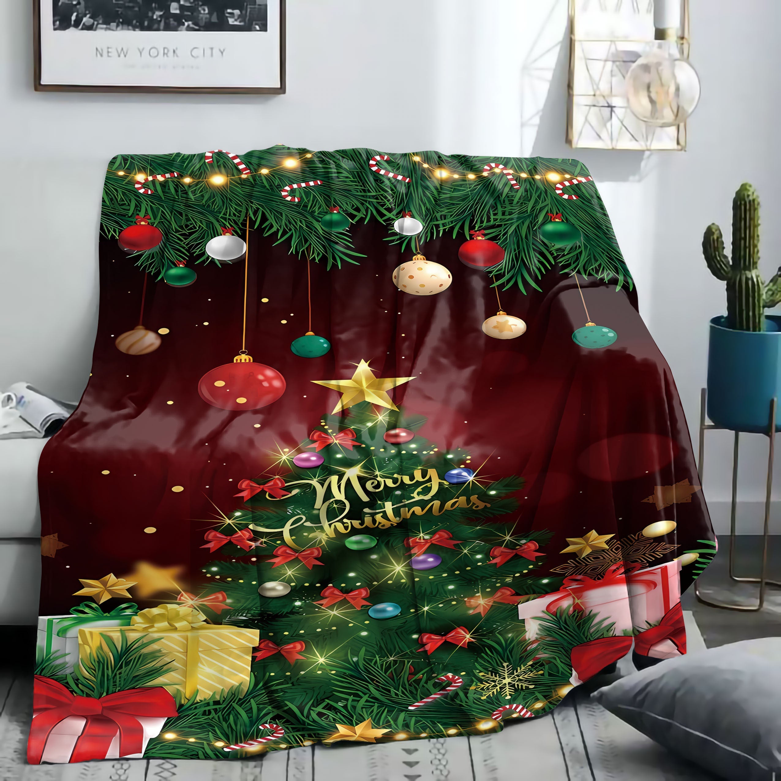 Mid-Century Christmas Tree and Gifts Flannel Throw Blanket Soft Polyester for Bed Sofa Camping