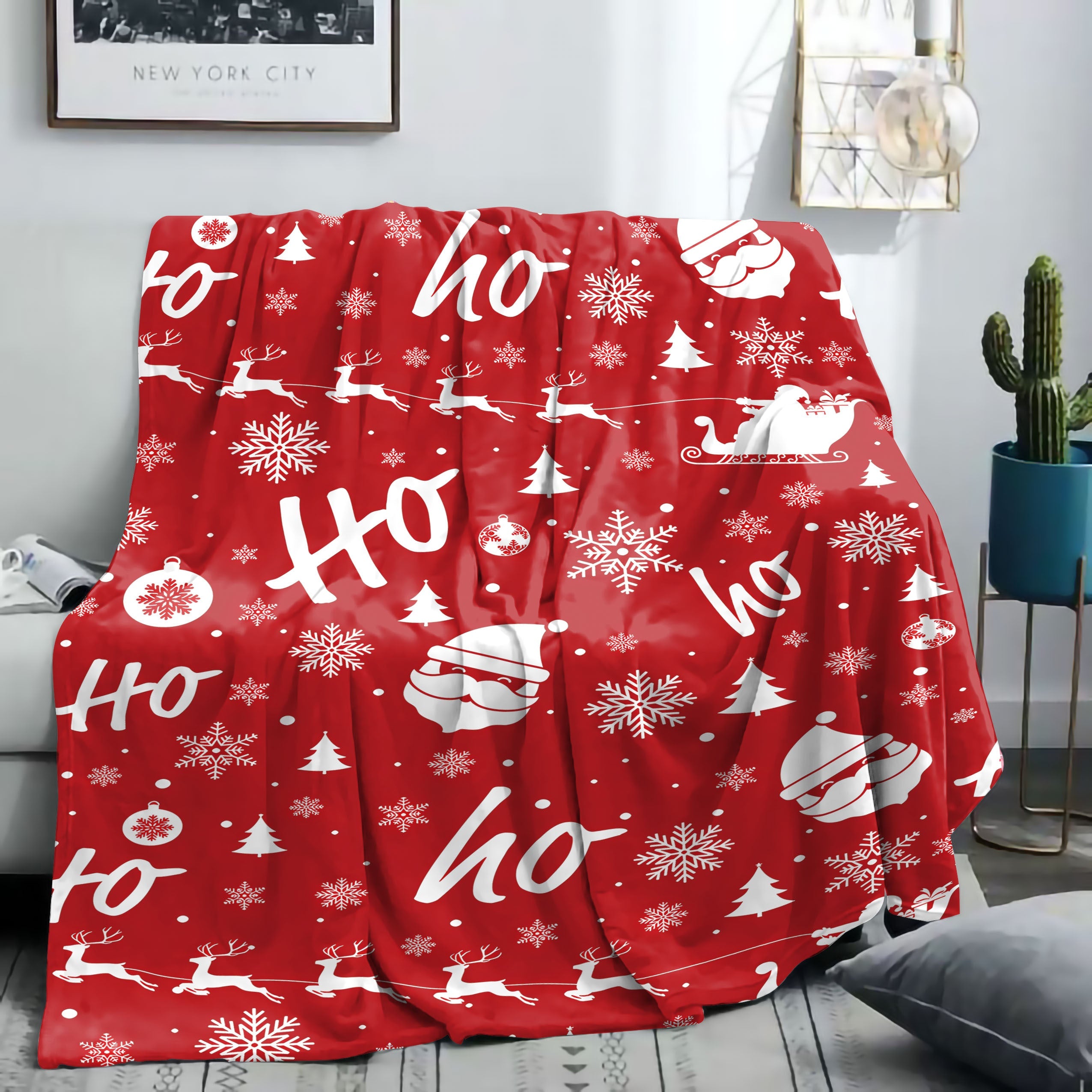 Christmas Flannel Throw Blanket Santa Claus Moose Cartoon Soft Cozy for Bed Sofa Camping