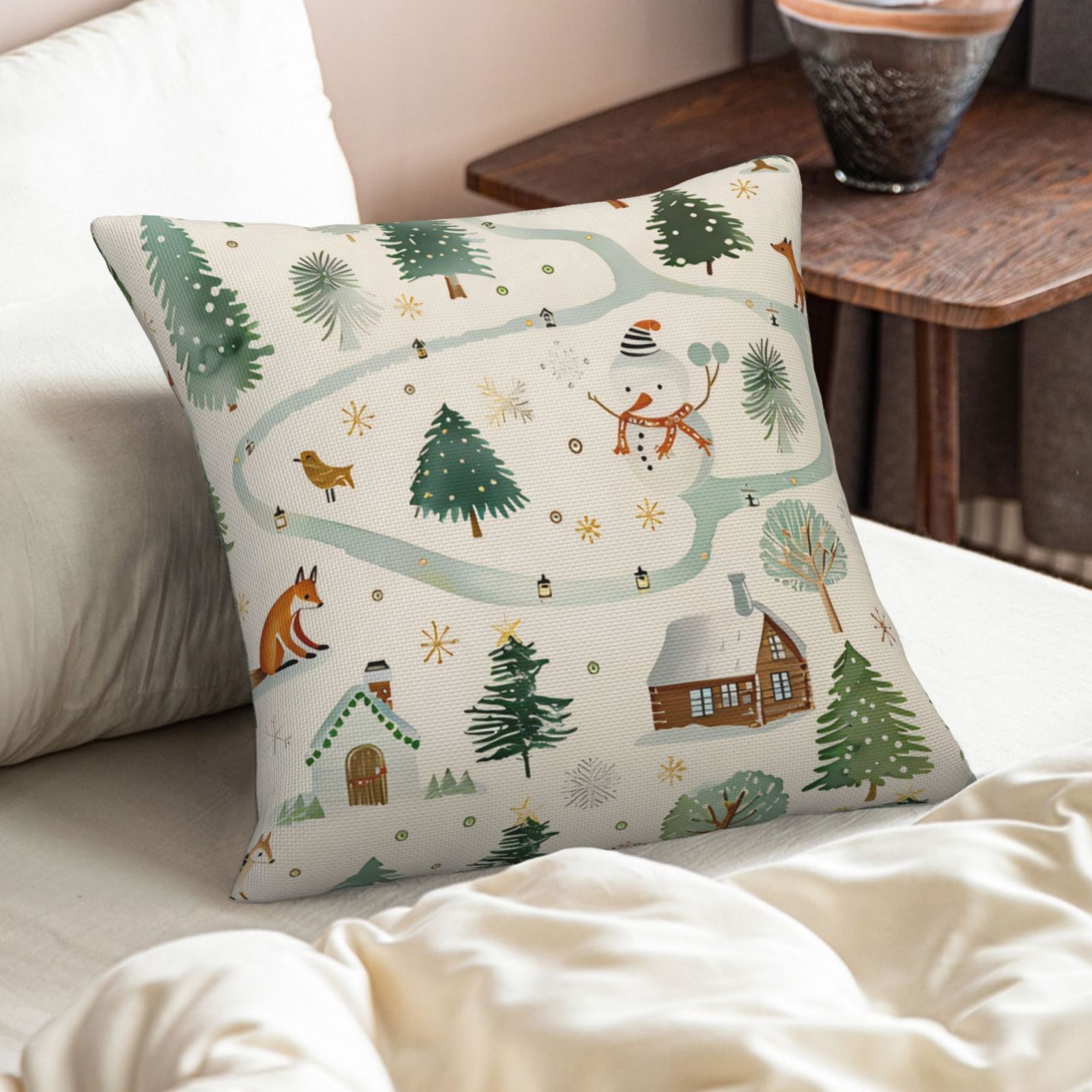 Christmas Decoration Pillow Covers Set Linen Holiday Tree Snowman Moose 18x18