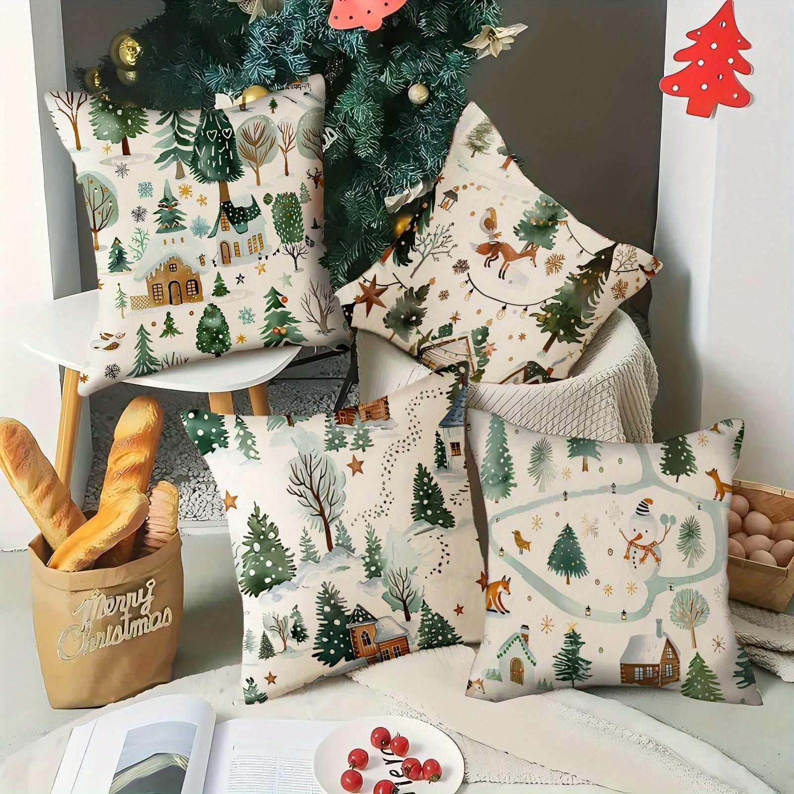 Christmas Decoration Pillow Covers Set Linen Holiday Tree Snowman Moose 18x18