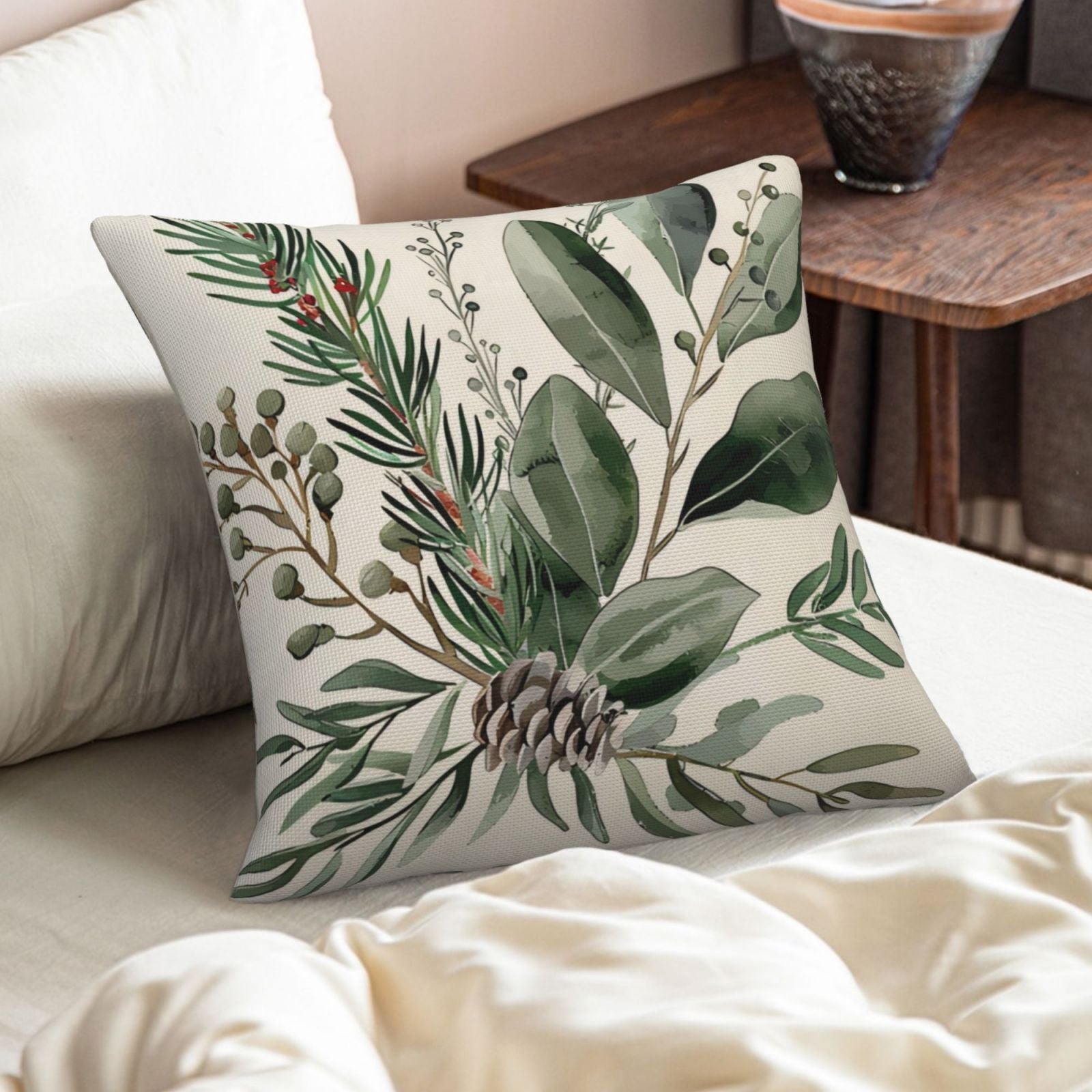 Set of 4 Green Pinecone Linen Pillow Covers 45x45cm Decorative Cushion Cases for Sofa and Bedroom