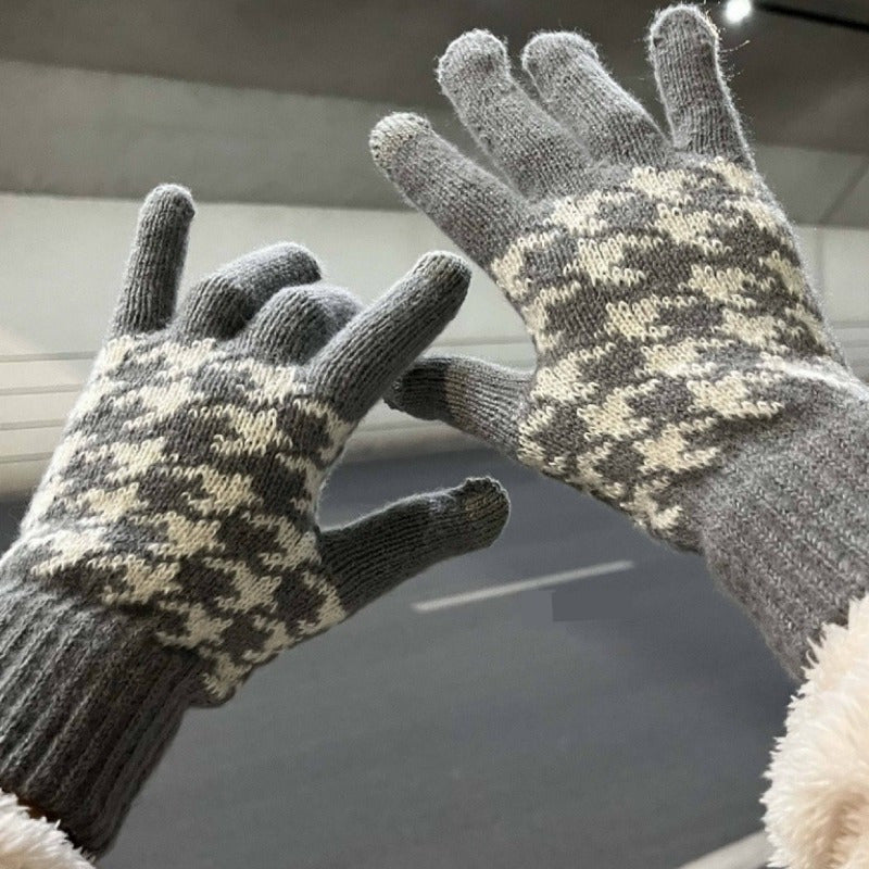 Unisex Knit Gloves with Houndstooth Pattern Touchscreen Winter Gloves Polyester