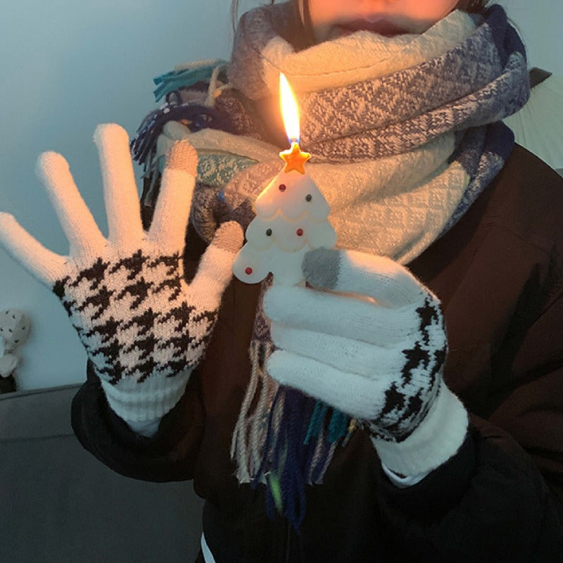 Unisex Knit Gloves with Houndstooth Pattern Touchscreen Winter Gloves Polyester
