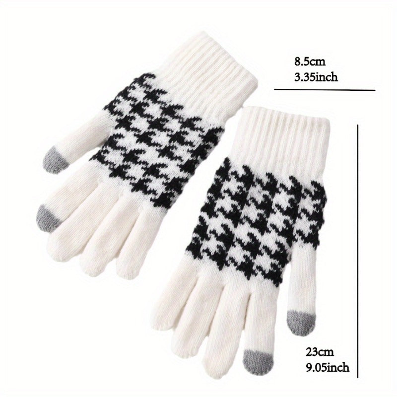 Unisex Knit Gloves with Houndstooth Pattern Touchscreen Winter Gloves Polyester