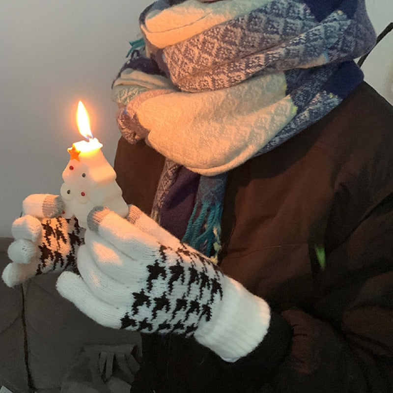 Unisex Knit Gloves with Houndstooth Pattern Touchscreen Winter Gloves Polyester