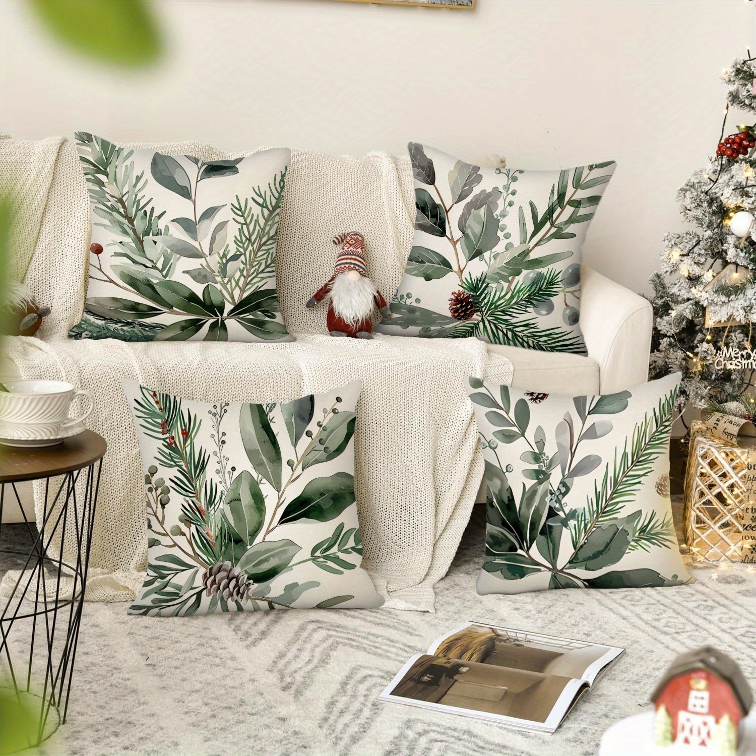 Set of 4 Green Pinecone Linen Pillow Covers 45x45cm Decorative Cushion Cases for Sofa and Bedroom