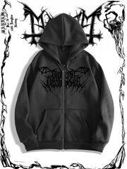 Erkaklar uchun Gotik Qora Printli Kapüşonli Sviter, Zipper bilan, Oddiy Fit, Kuz/Qish Kollektsiyasi, 250g/m² Matoga Og'irligi.