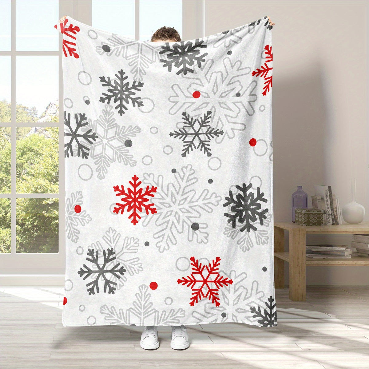 Contemporary Snowflake Flannel Throw Blanket Ultra-Soft Warm Woven Polyester for Couch Bed Camping