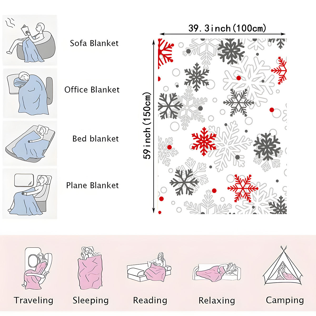 Contemporary Snowflake Flannel Throw Blanket Ultra-Soft Warm Woven Polyester for Couch Bed Camping