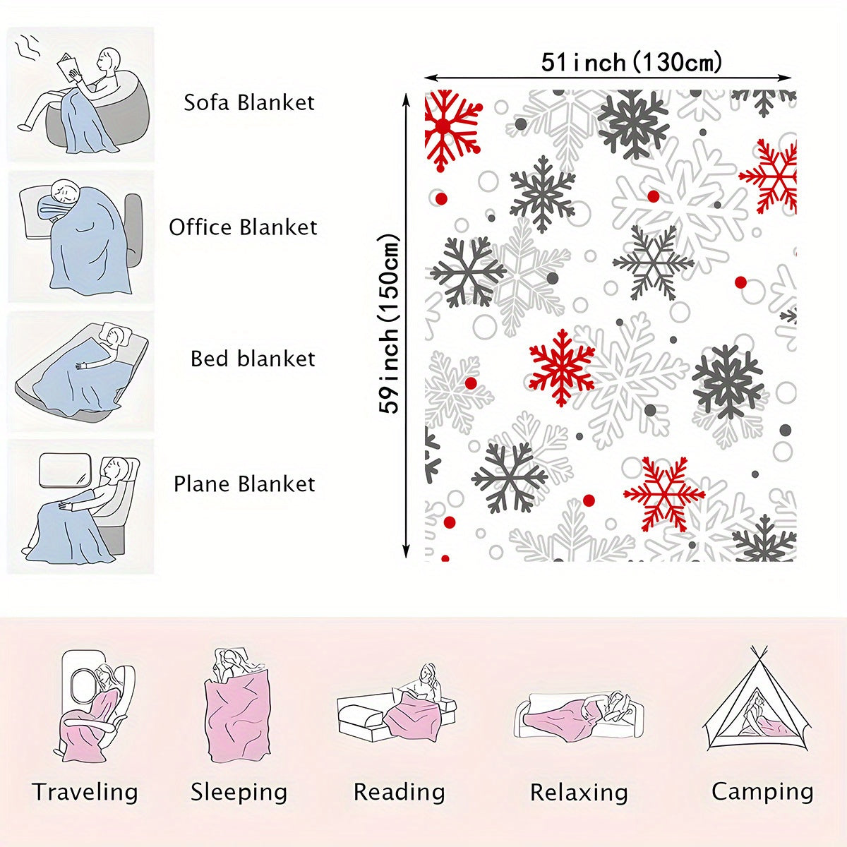 Contemporary Snowflake Flannel Throw Blanket Ultra-Soft Warm Woven Polyester for Couch Bed Camping
