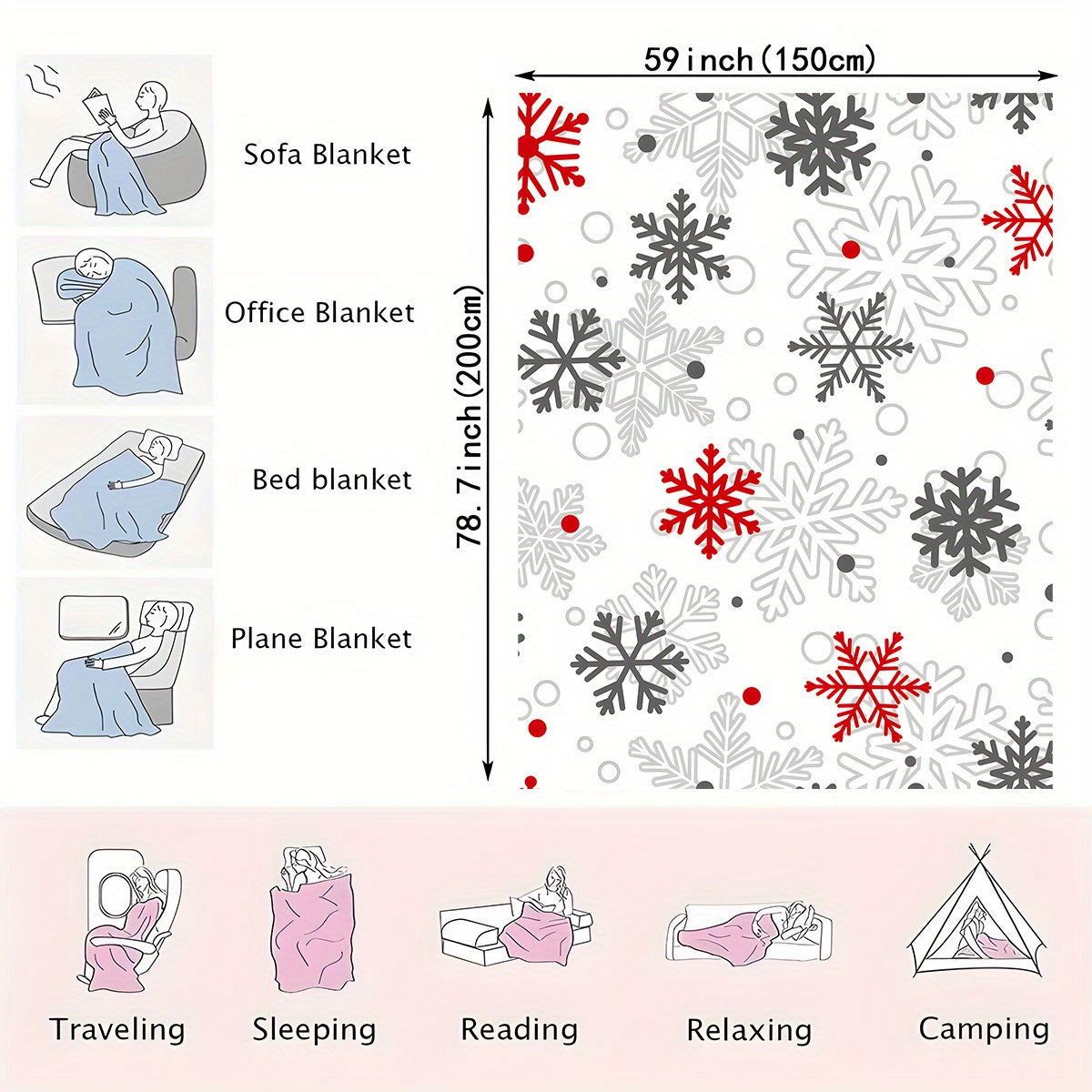 Contemporary Snowflake Flannel Throw Blanket Ultra-Soft Warm Woven Polyester for Couch Bed Camping