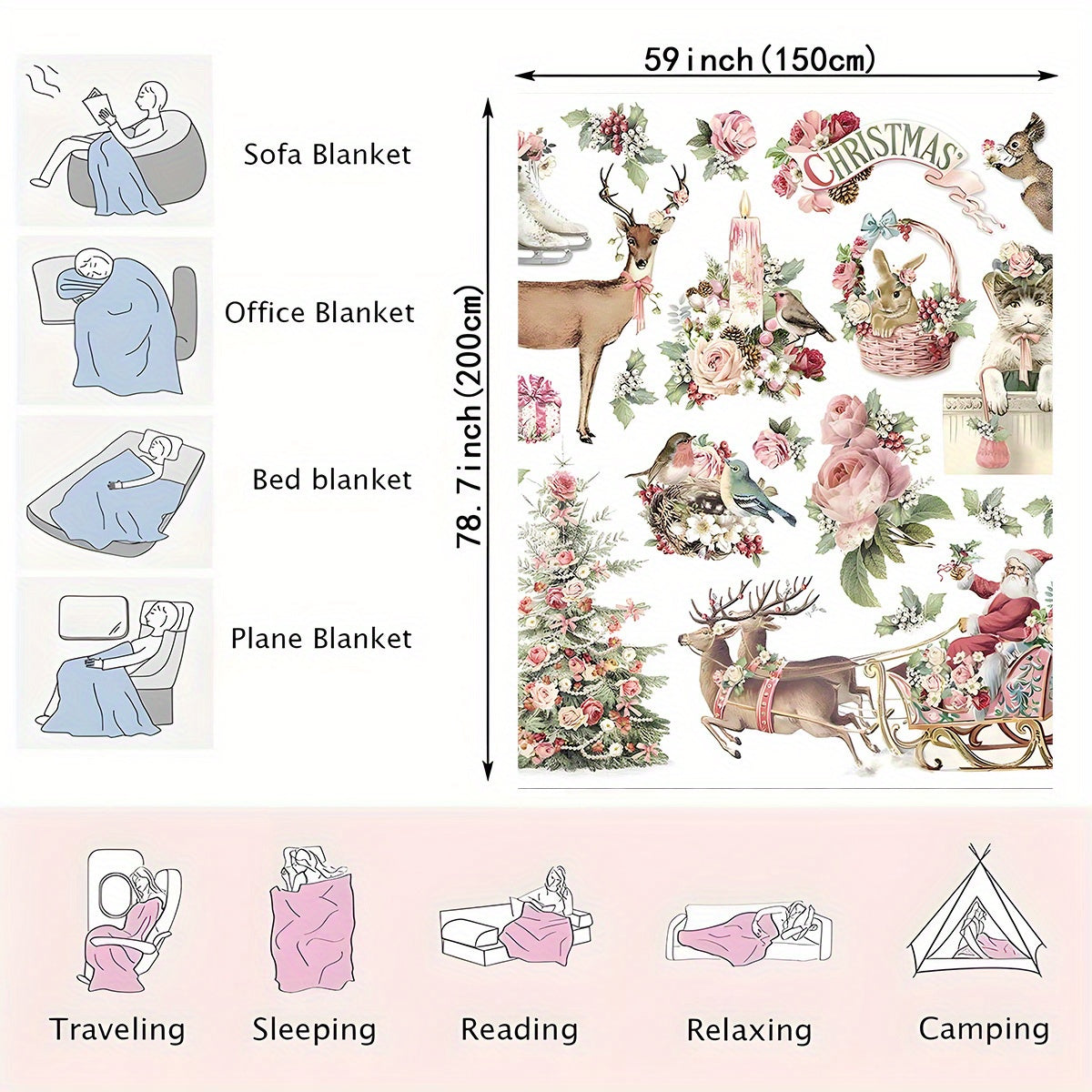 Christmas Flannel Throw Blanket with Santa Elk and Floral Designs Cozy Warm Gift