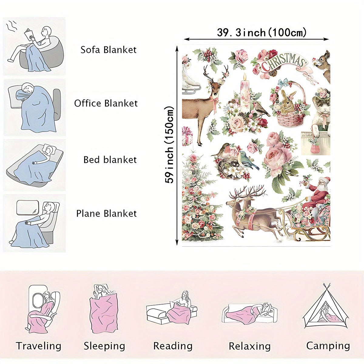 Christmas Flannel Throw Blanket with Santa Elk and Floral Designs Cozy Warm Gift