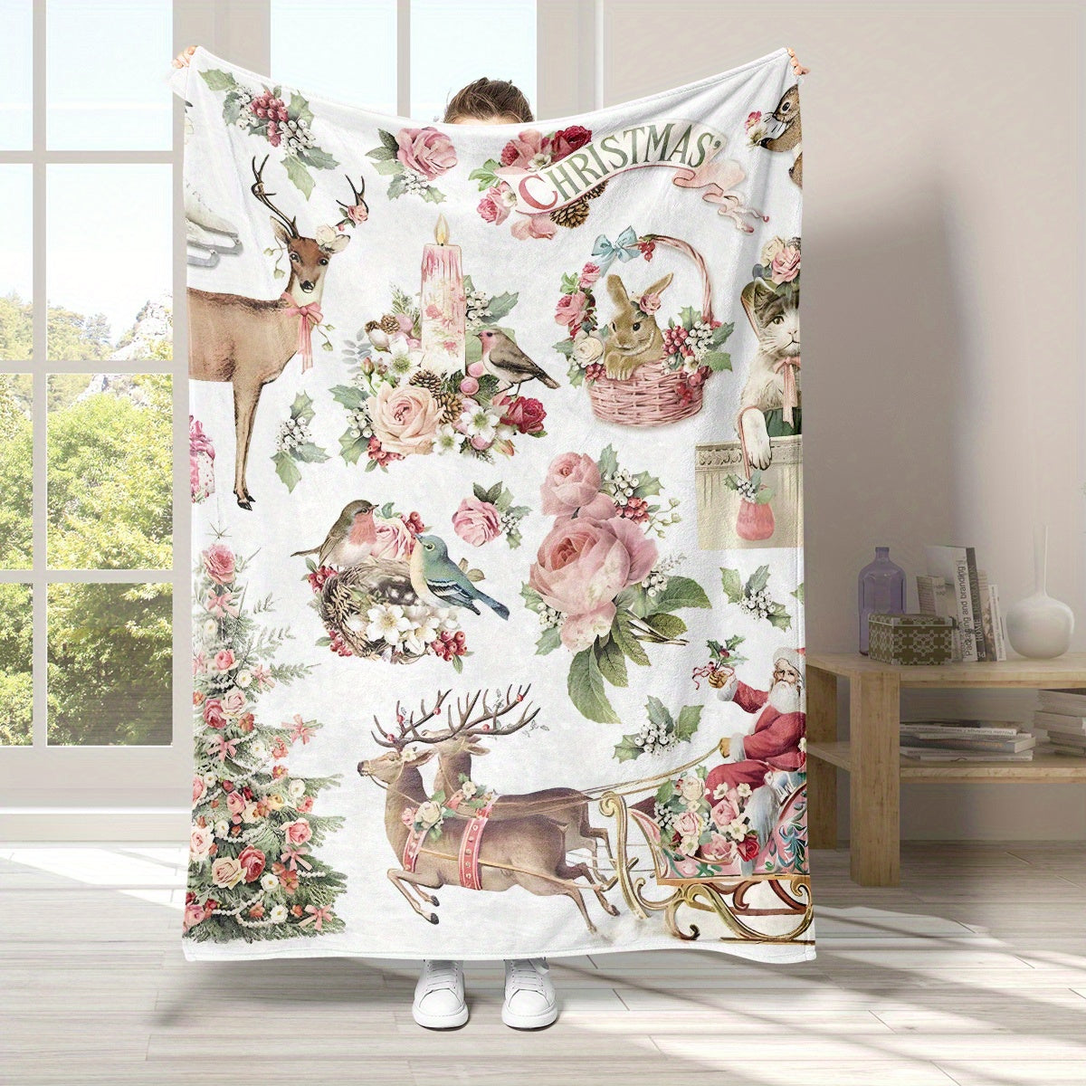 Christmas Flannel Throw Blanket with Santa Elk and Floral Designs Cozy Warm Gift