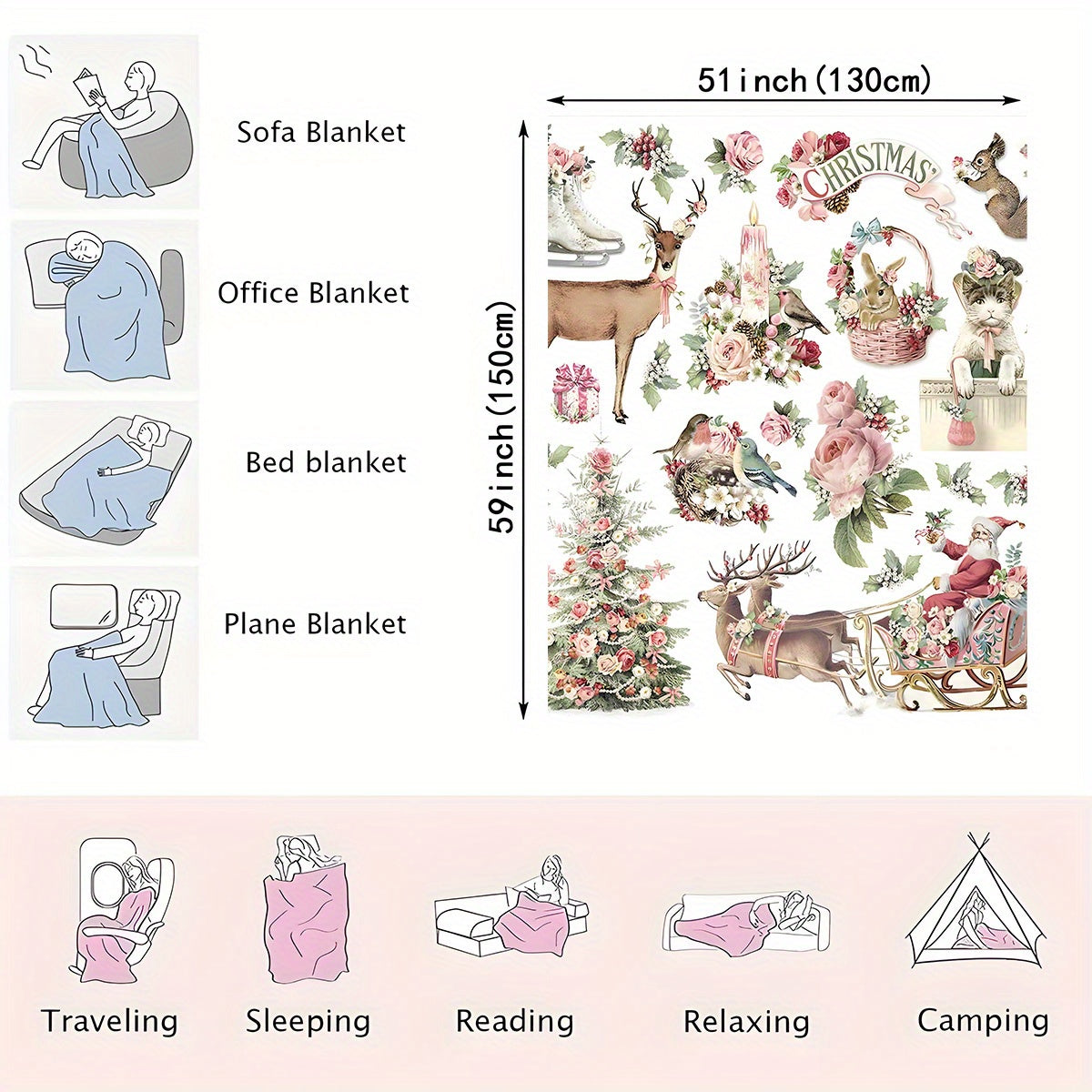 Christmas Flannel Throw Blanket with Santa Elk and Floral Designs Cozy Warm Gift