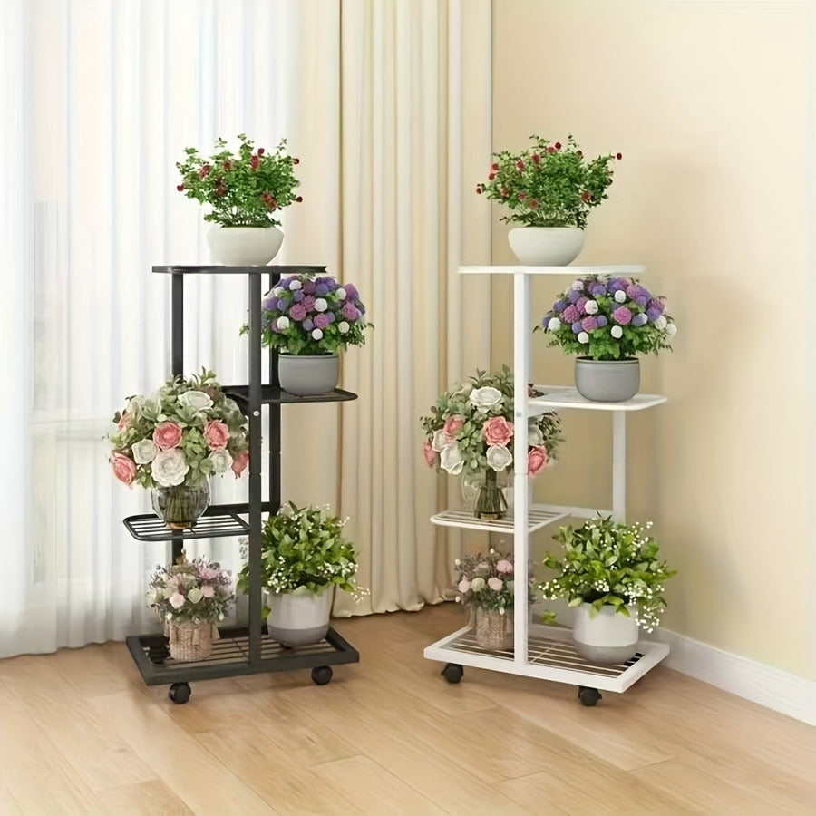 Metal 4-Tier Plant Stand Indoor Outdoor Rectangular Iron Frame Hanging Pot Capacity