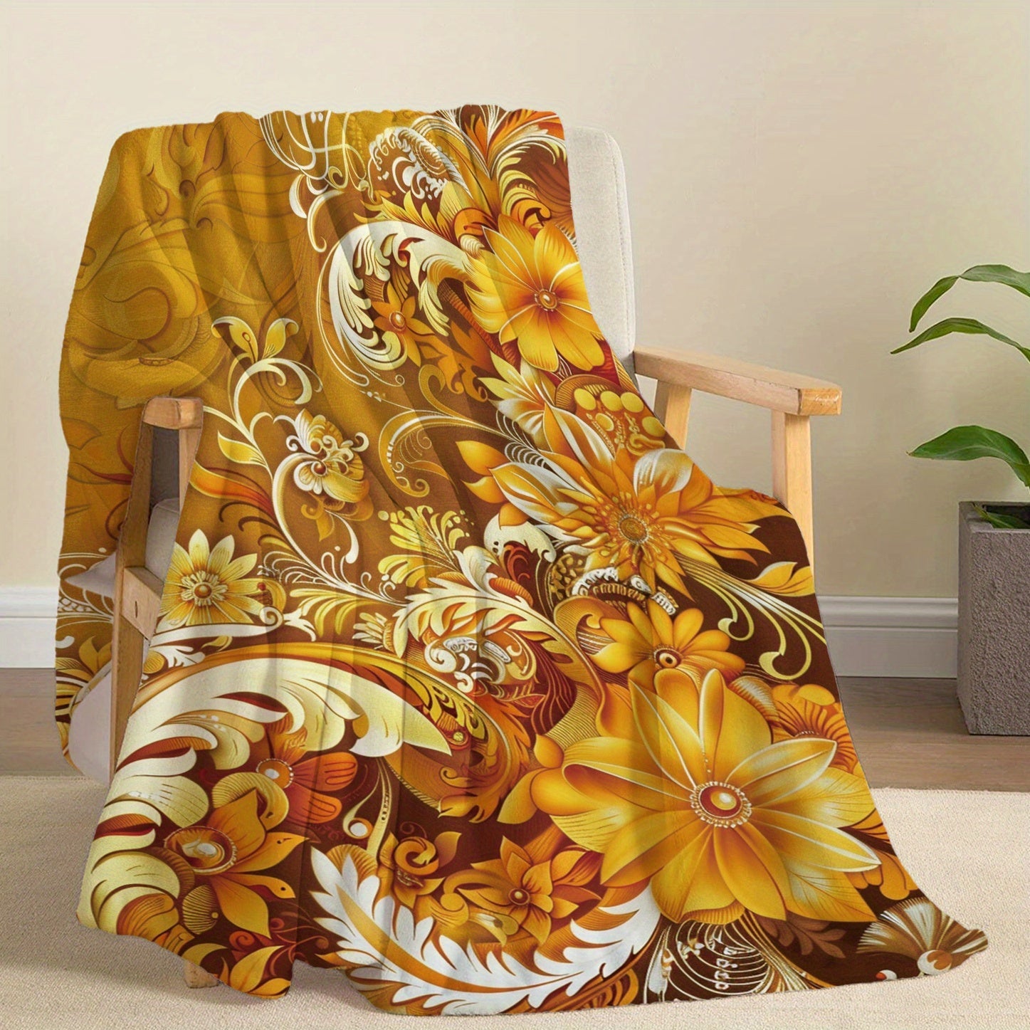 Golden Flower Print Flannel Throw Blanket for Warmth and Comfort