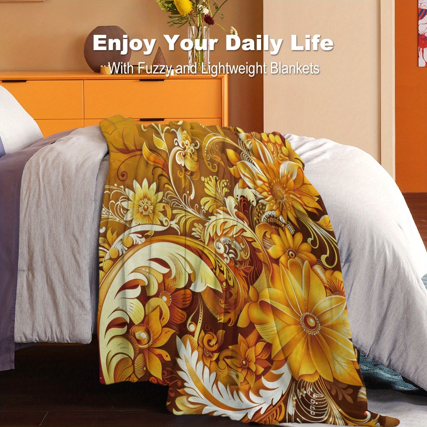 Golden Flower Print Flannel Throw Blanket for Warmth and Comfort