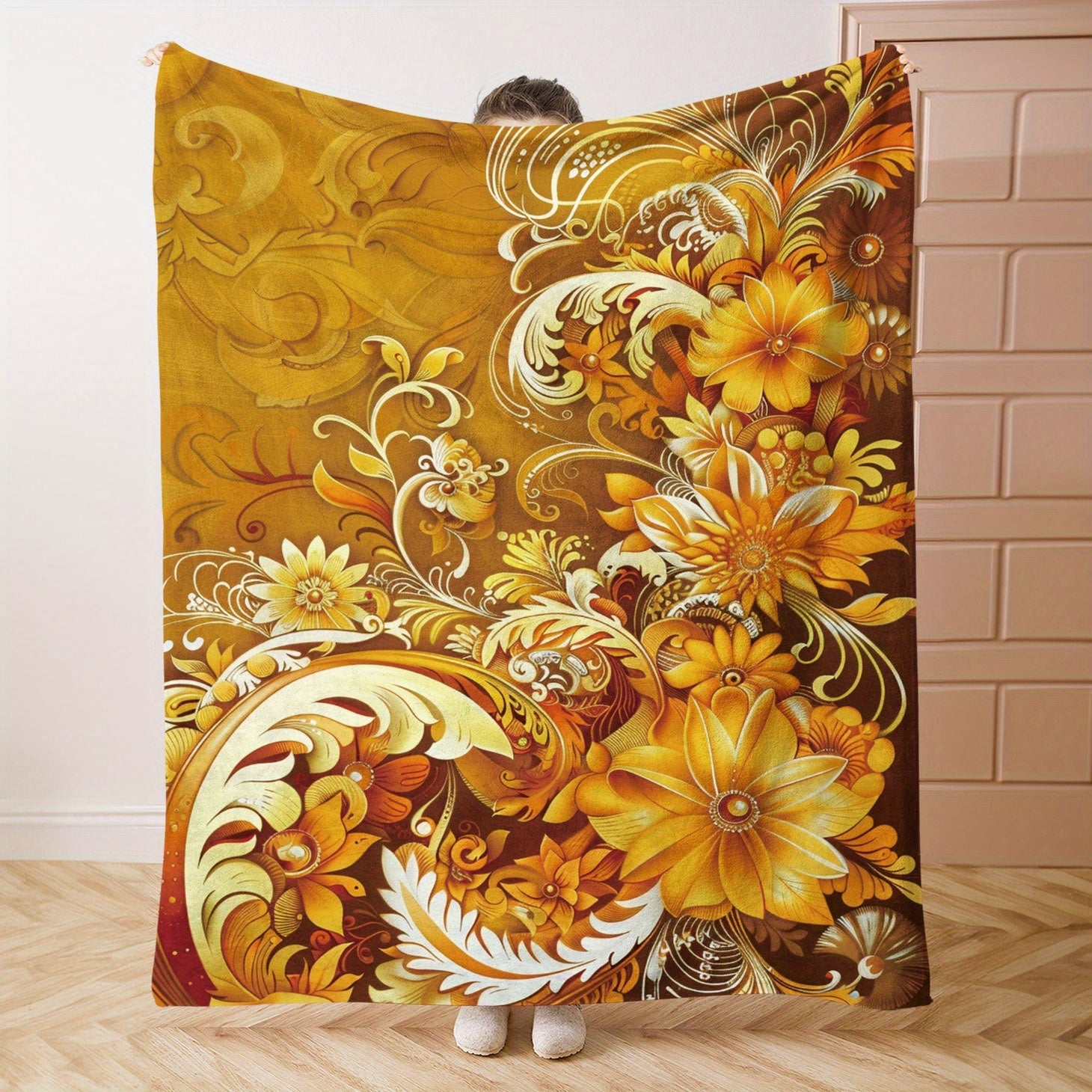 Golden Flower Print Flannel Throw Blanket for Warmth and Comfort