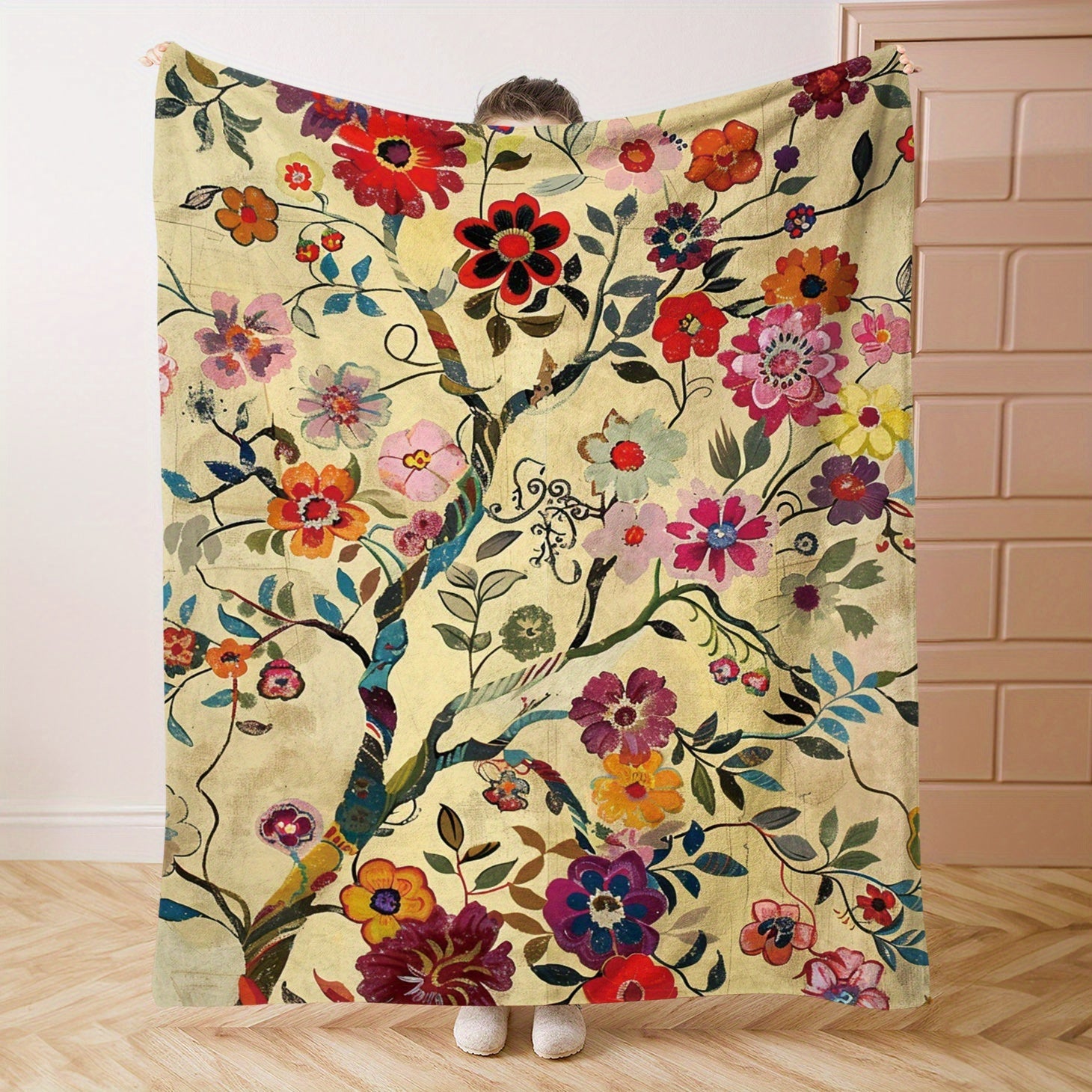 Flannel Throw Blanket with Twig Flower Print Soft Cozy Versatile for Bed Sofa Office Camping Travel