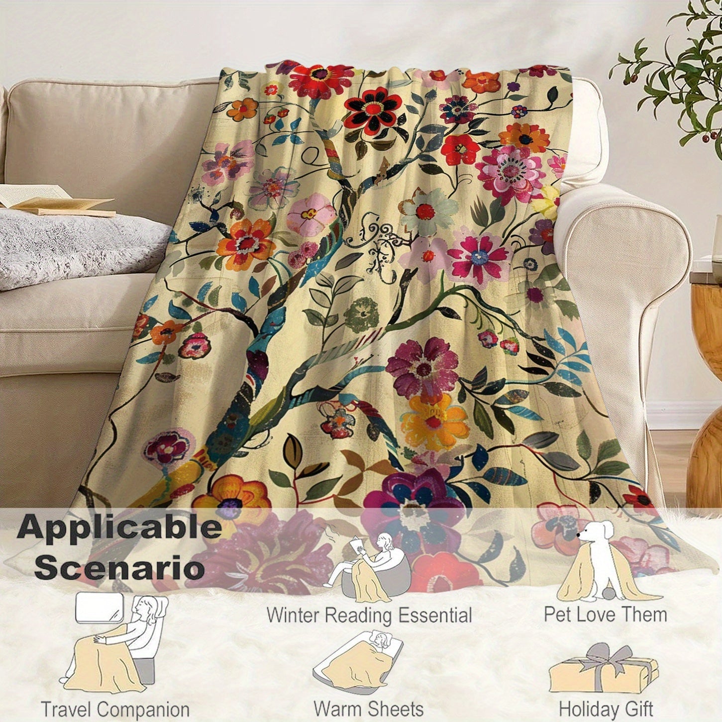 Flannel Throw Blanket with Twig Flower Print Soft Cozy Versatile for Bed Sofa Office Camping Travel