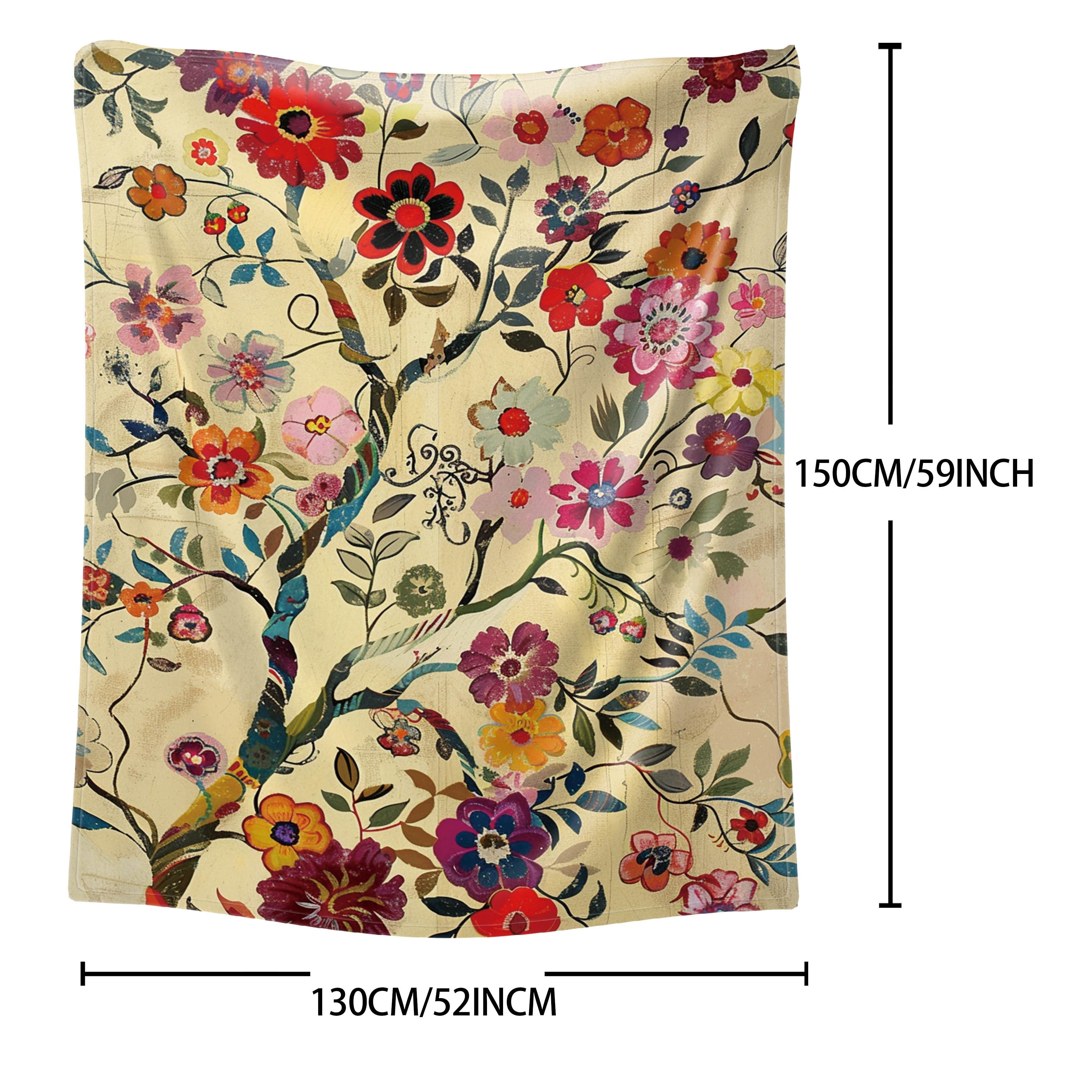Flannel Throw Blanket with Twig Flower Print Soft Cozy Versatile for Bed Sofa Office Camping Travel
