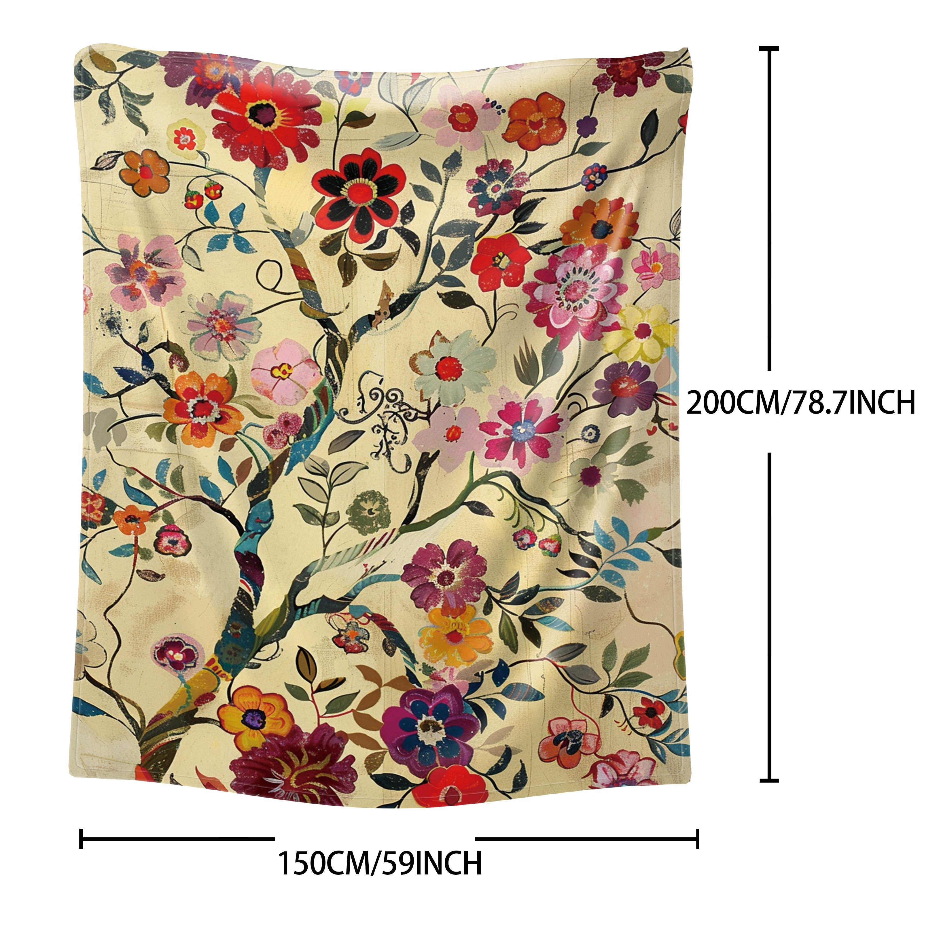Flannel Throw Blanket with Twig Flower Print Soft Cozy Versatile for Bed Sofa Office Camping Travel