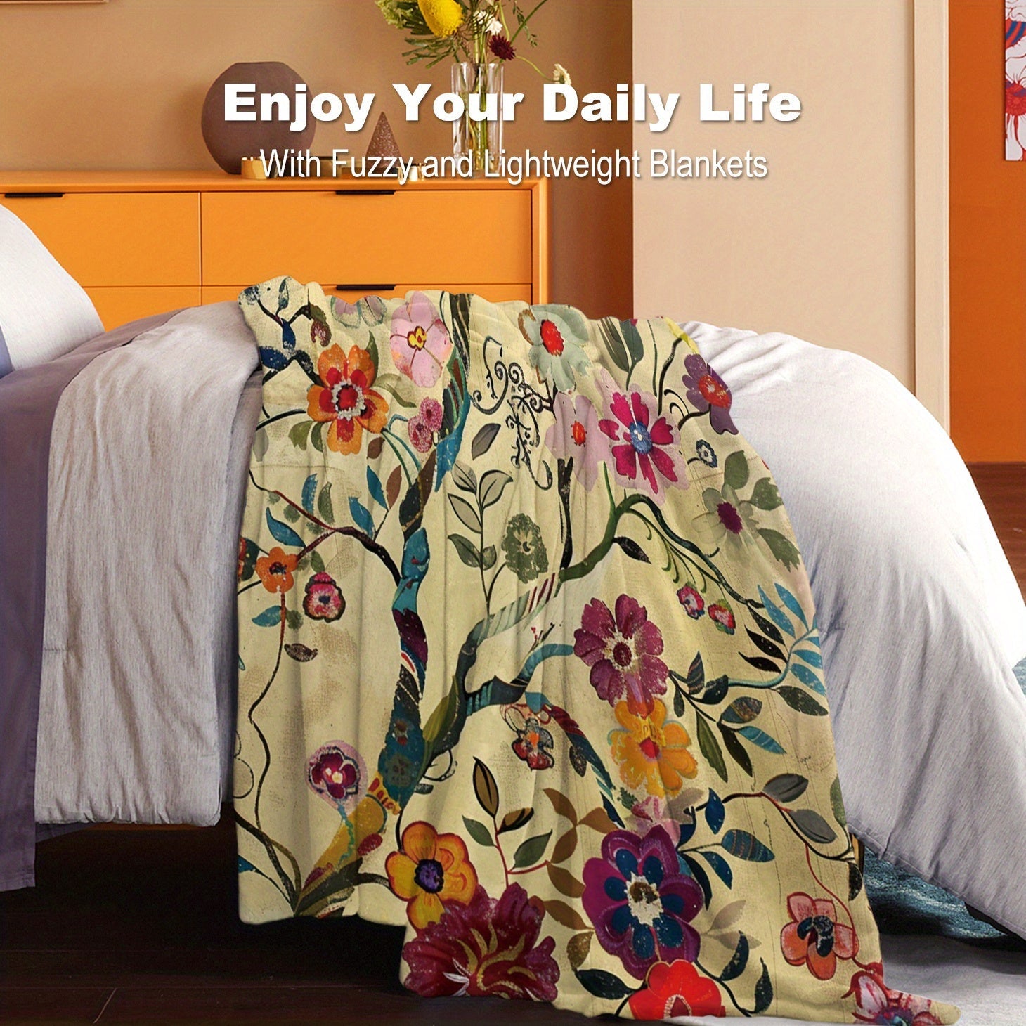 Flannel Throw Blanket with Twig Flower Print Soft Cozy Versatile for Bed Sofa Office Camping Travel