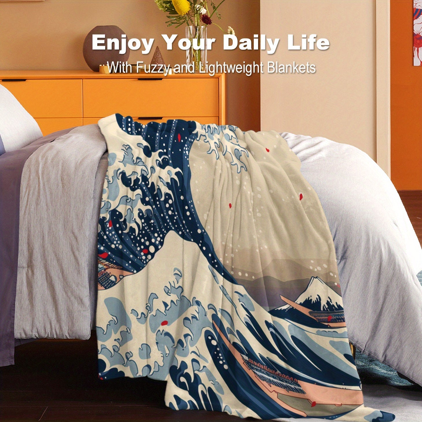 Lightweight Cozy Flannel Throw Blanket with Surf Print for Bed Sofa Travel