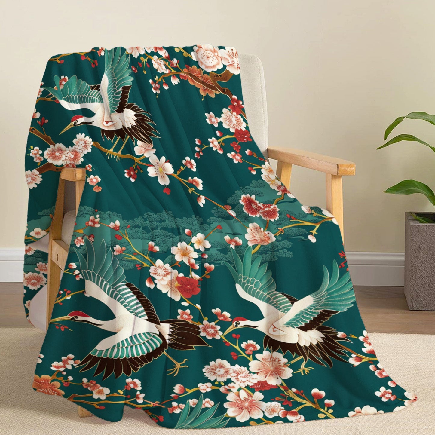 Floral and Crane Pattern Flannel Throw Blanket for Bed Sofa Travel 100% Polyester